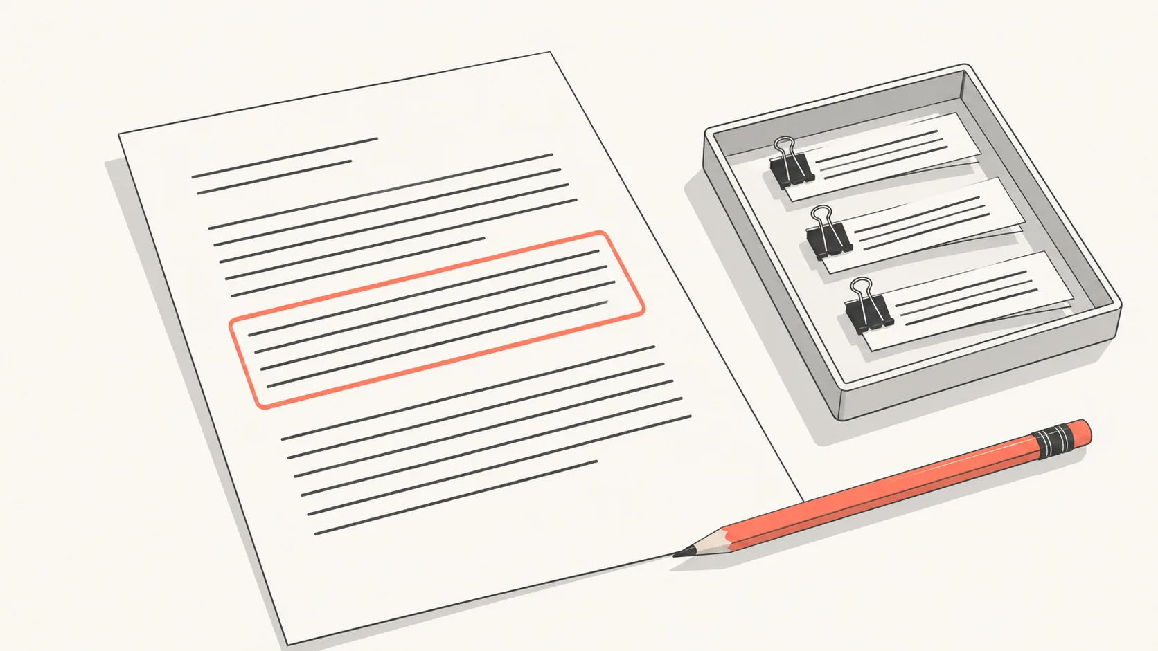 A single page on a desk with one paragraph outlined in coral and a small tray of clipped reference passages beside it