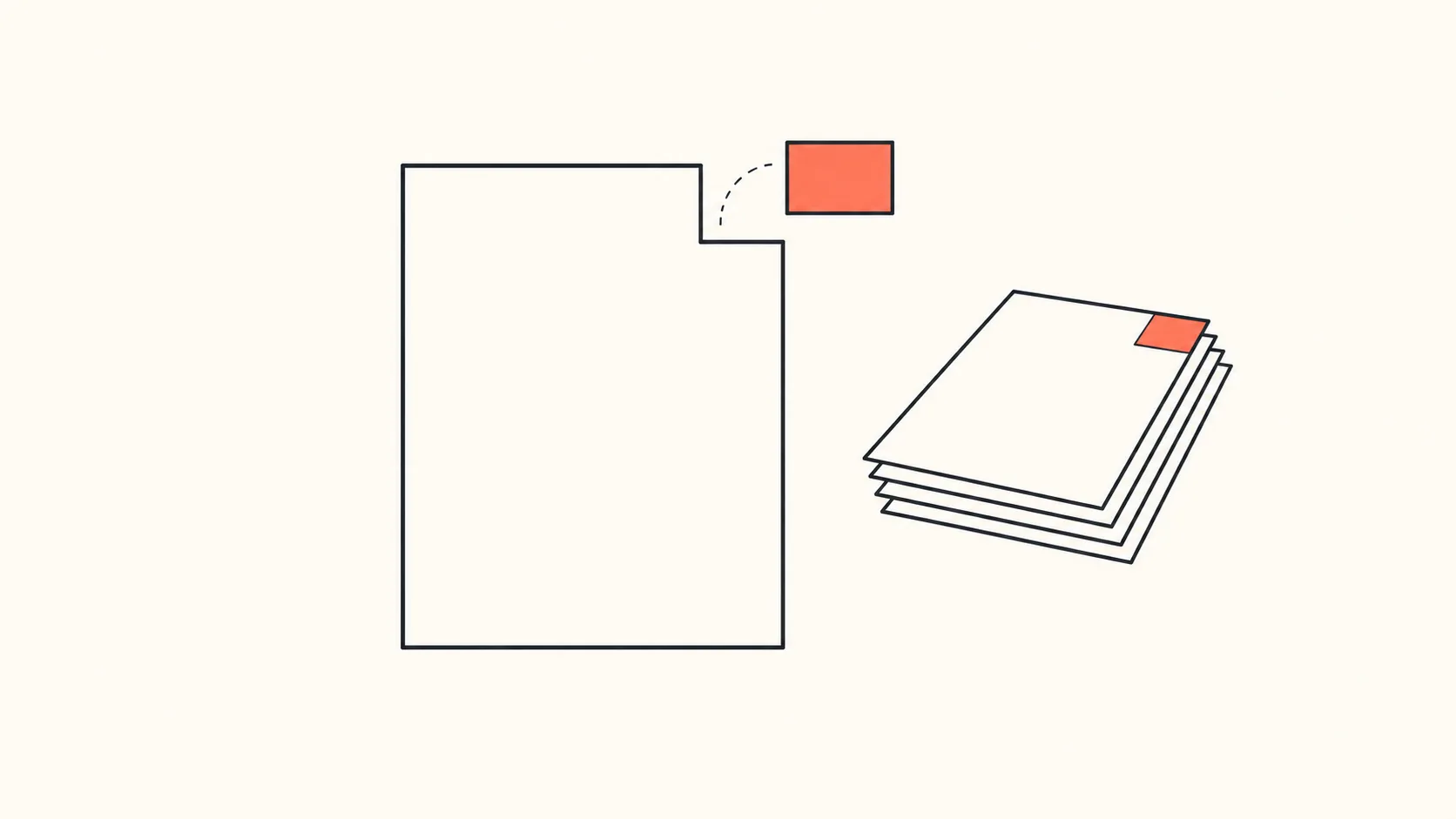 A single sheet of paper with a hand-drawn gap in one corner being filled by a torn-out piece from a pile of reference pages