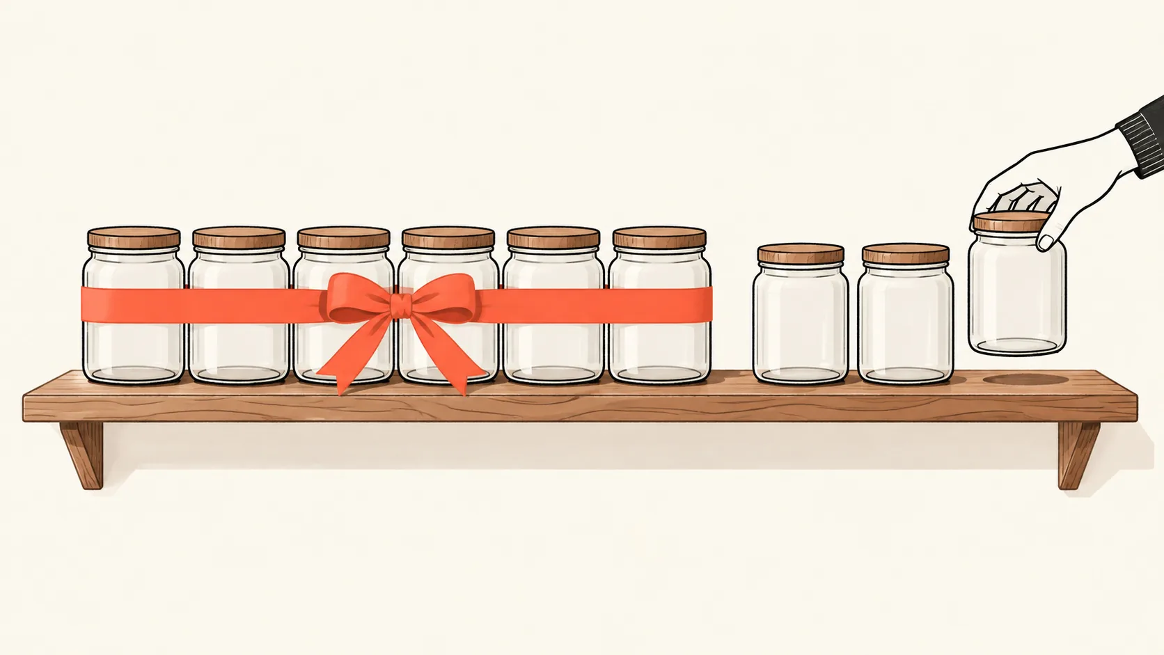 A row of identical numbered jars on a shelf with a coral ribbon tied around one group of them, while new jars are being added at the end of the shelf.
