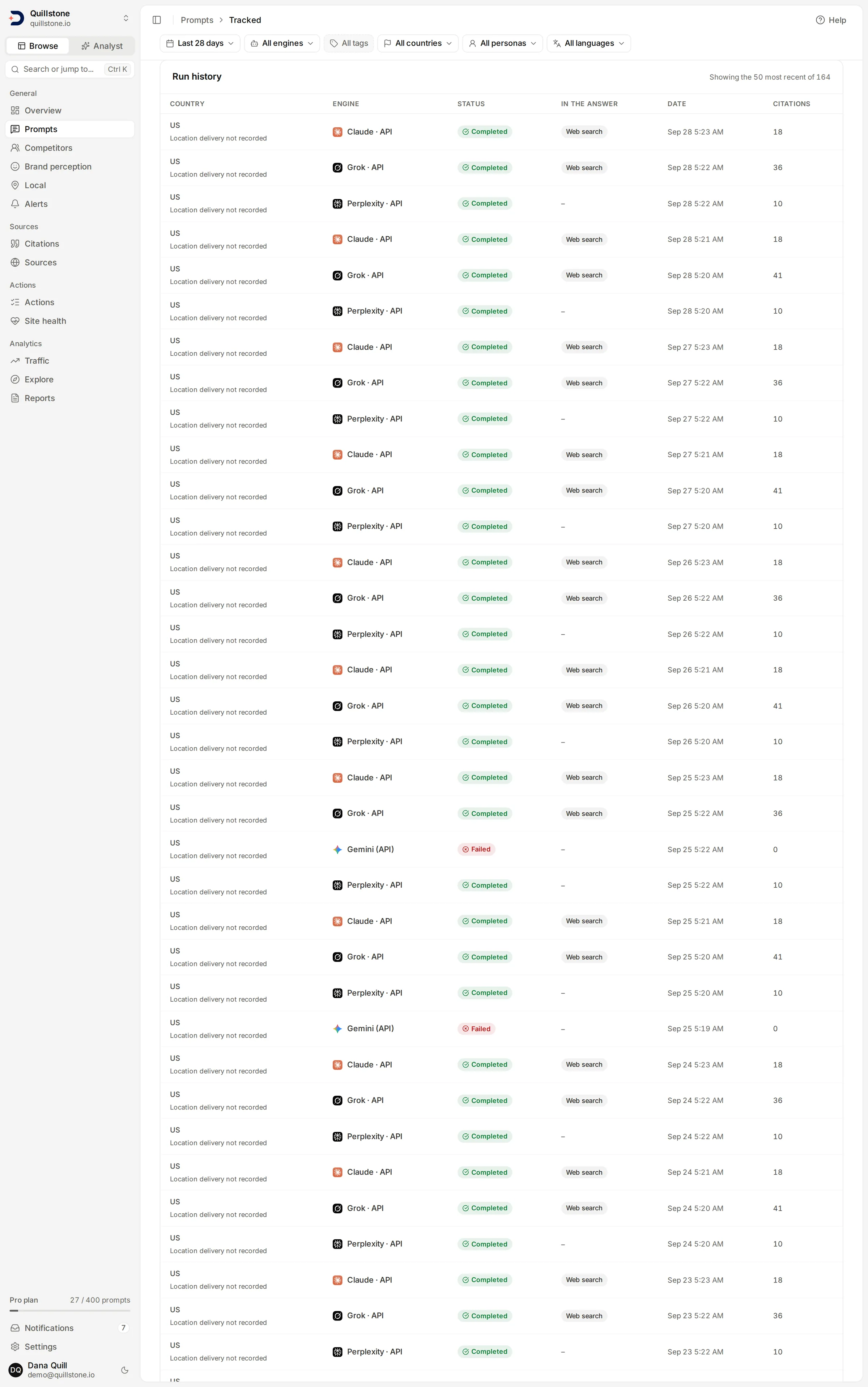 A real demo prompt run history showing completed runs and two Gemini API failures, with country and engine columns.