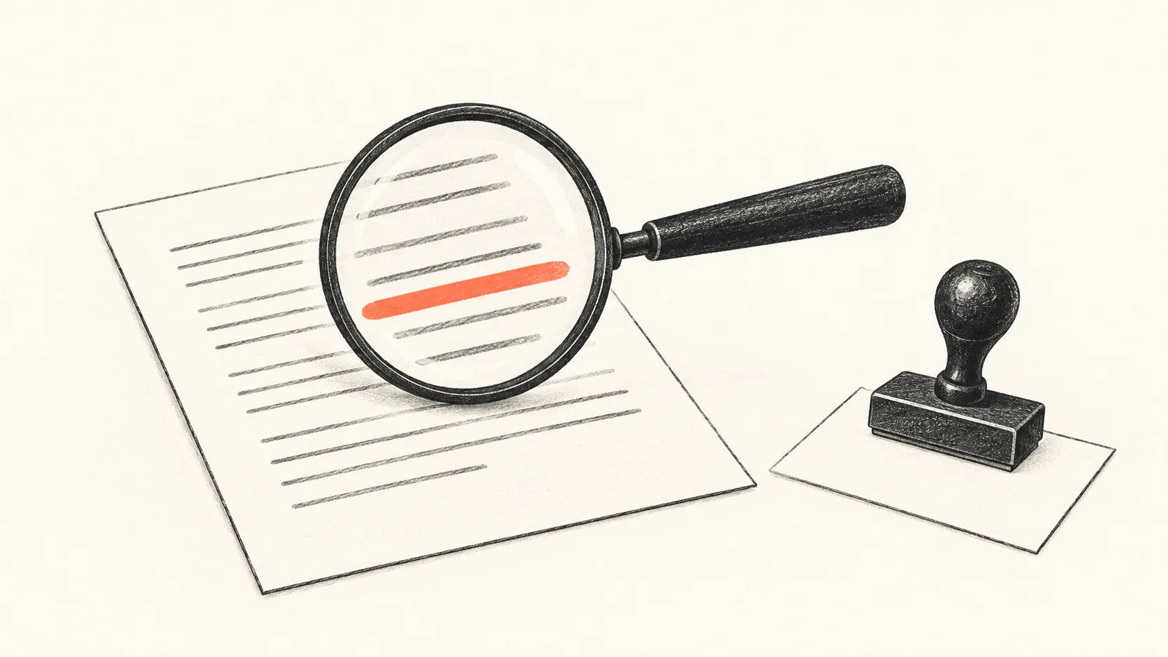 A draft page passing under a charcoal magnifying loupe, with one line marked in coral, on a desk beside an unstamped approval slip.