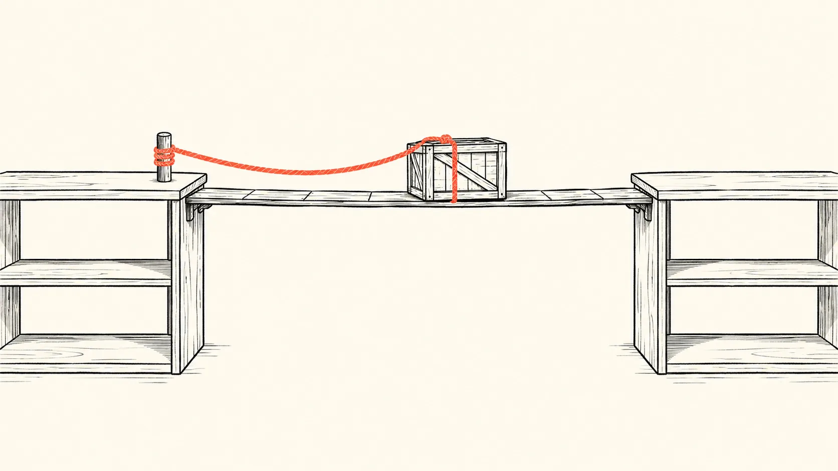 A small wooden crate being carried across a plank bridge between two shelves, with a coral rope tied to the crate as a way back.