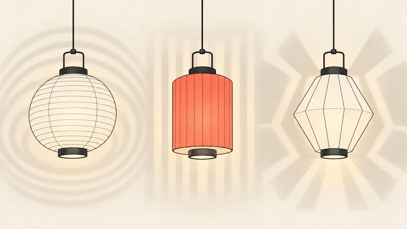 Three identical lanterns in a row, each lit through a differently shaped coral paper shade, casting different patterns on the same wall.