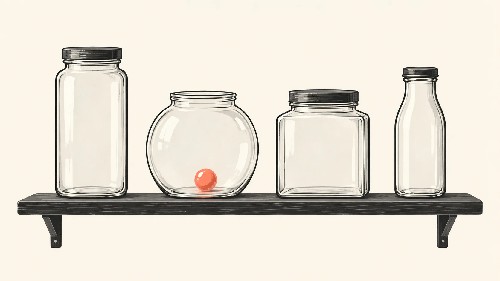 Four differently shaped glass jars on a shelf, one holding a coral marble, suggesting four related but separate containers to measure.
