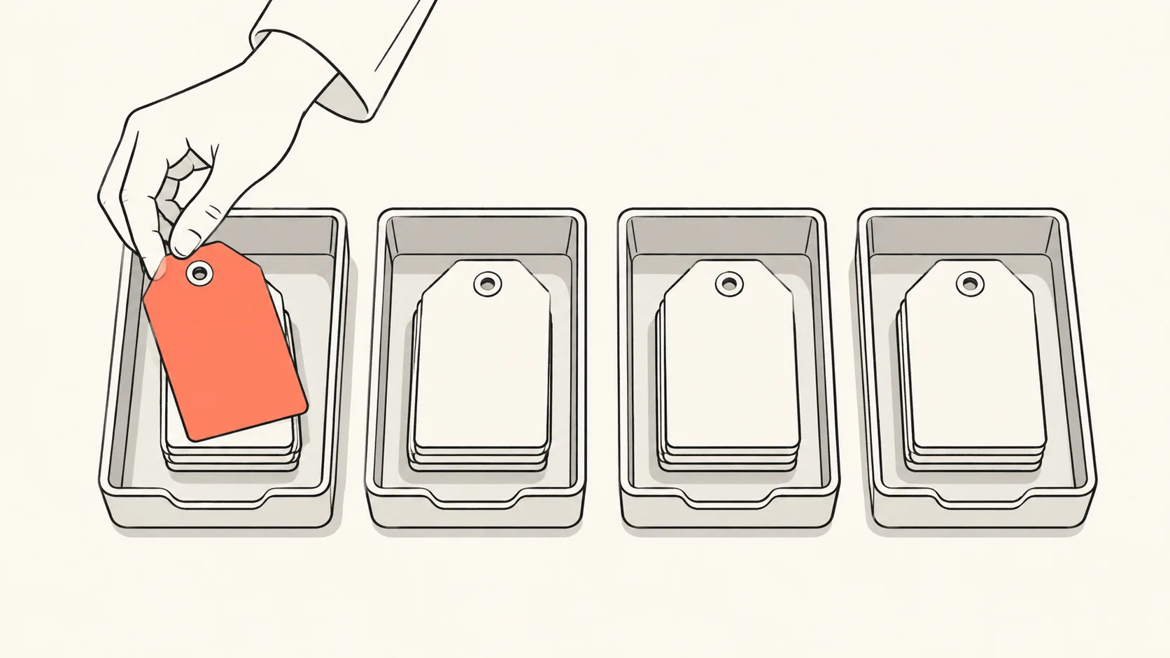 A triage table with four trays of different depth, each holding paper tags, and a coral tag pulled from the top tray.
