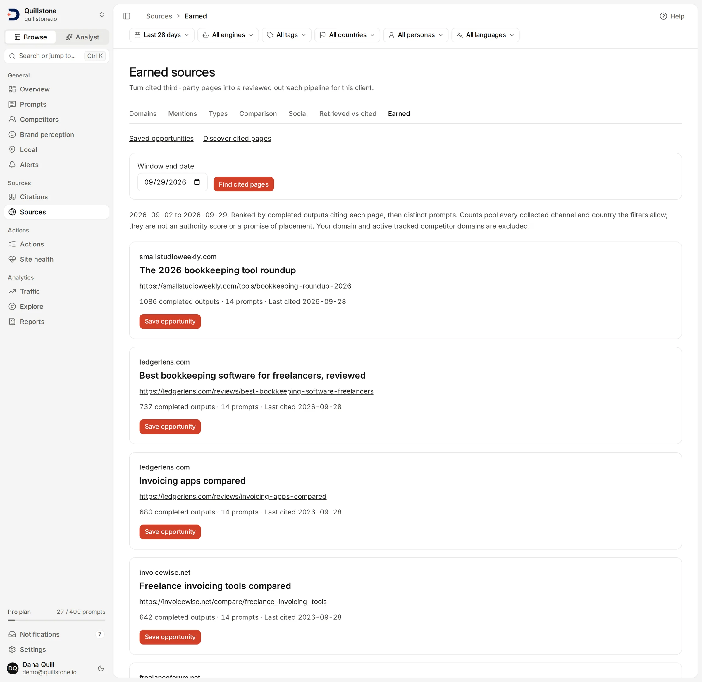 The Earned sources screen listing third-party pages cited in completed answers, with a Save opportunity button on each row.
