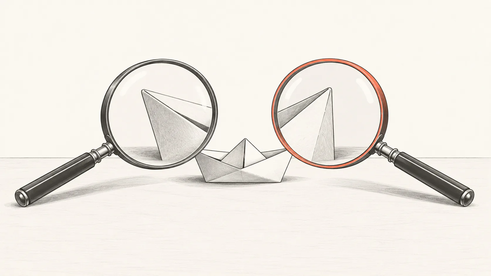 Two mirrors side by side reflecting the same object at slightly different angles, one with a coral outline