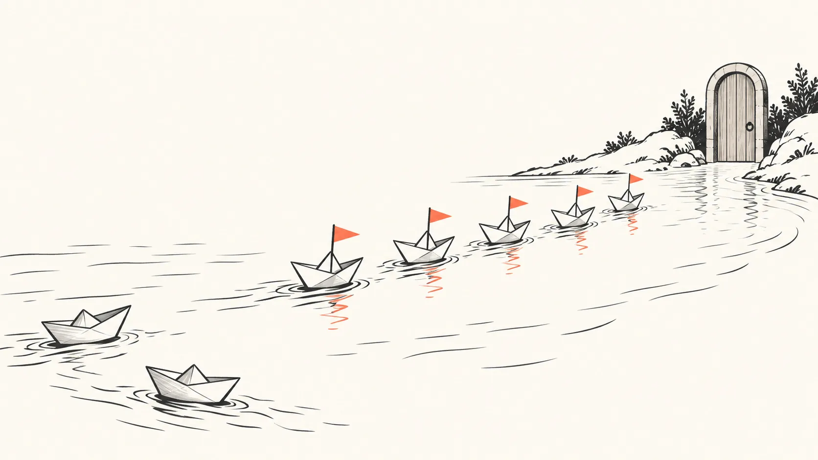 A line of small paper boats drifting across a river toward a single wooden door on the far bank, with a few boats floating away unlabelled