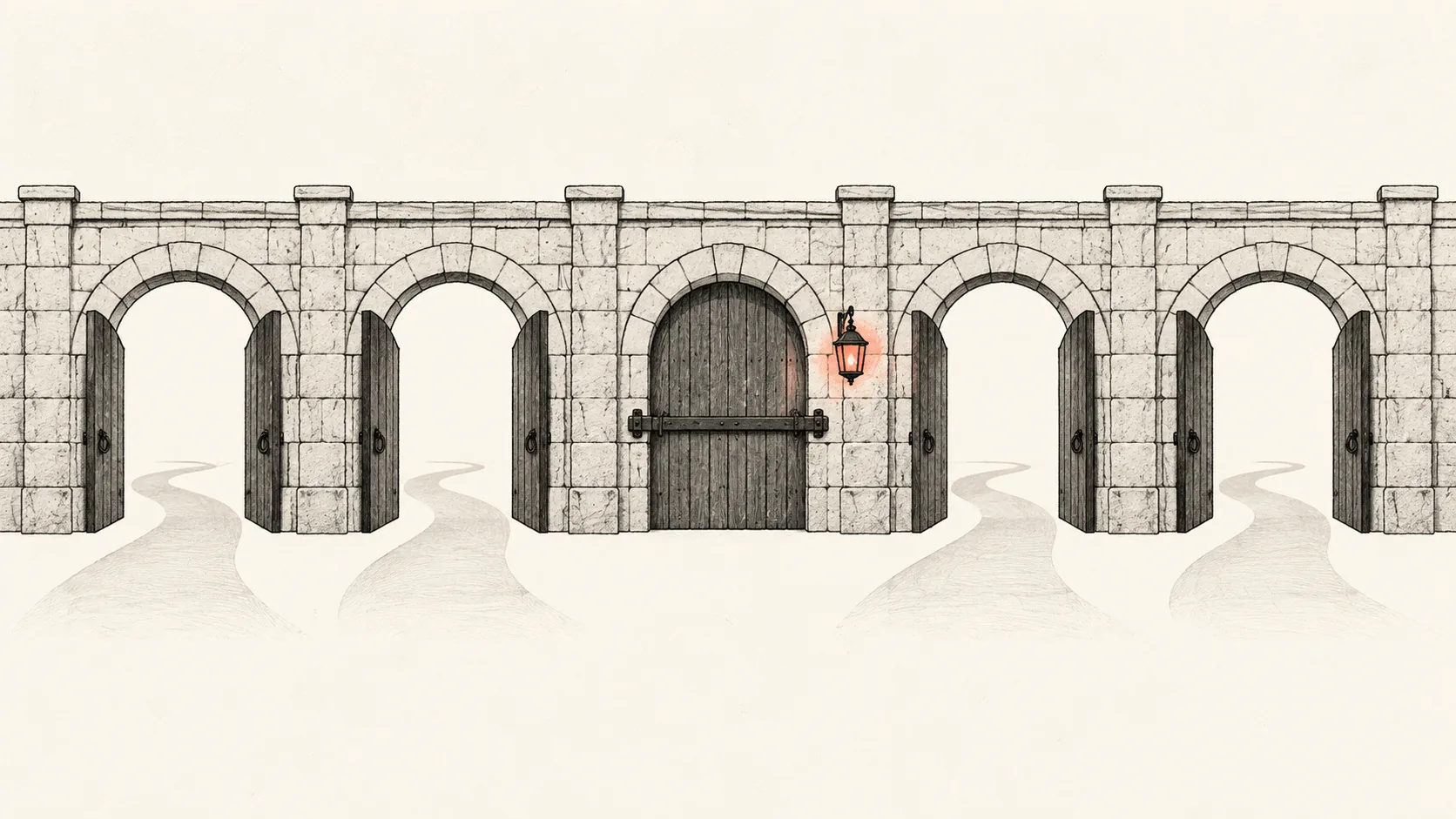 A row of gates in a wall, most open, one shut, with a small coral marker at the shut gate