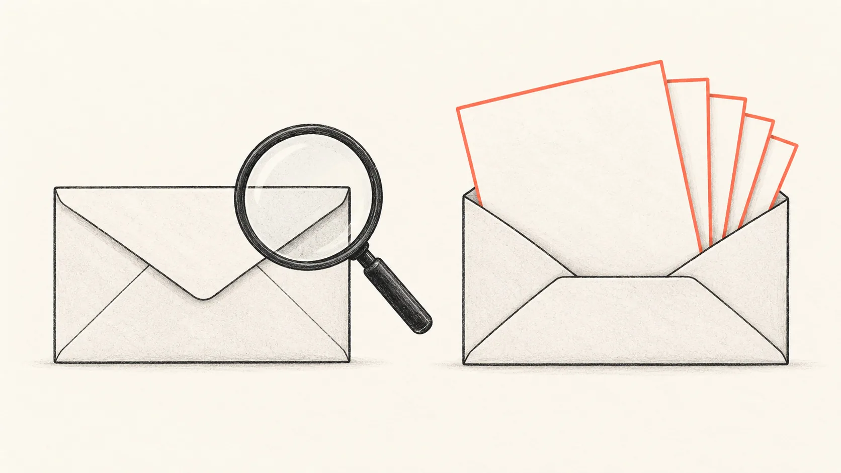 A sealed envelope beside an opened one, where the opened envelope shows several extra sheets marked in coral, suggesting content that only appears after opening.