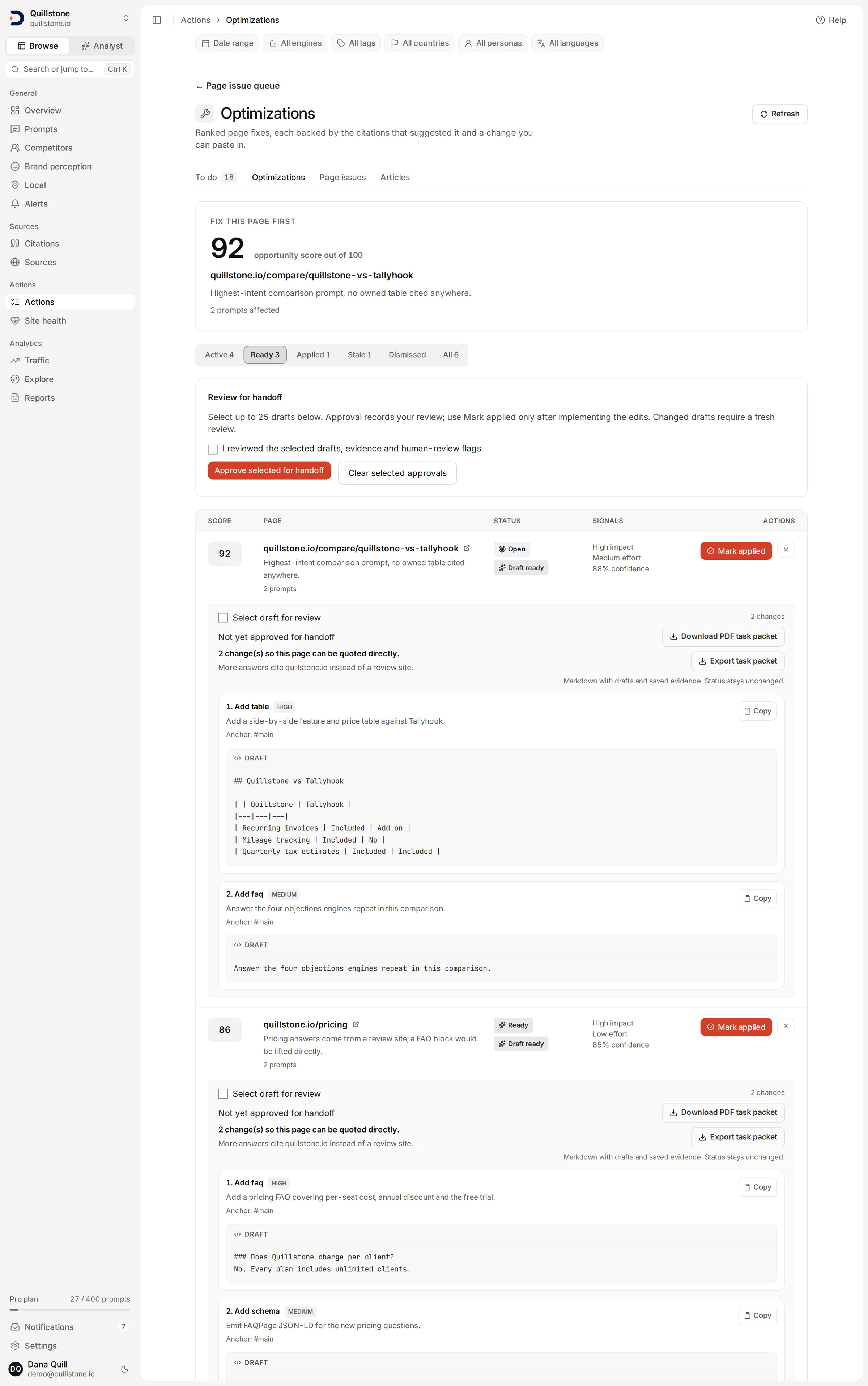 The Optimizations screen filtered to Draft ready recommendations, showing proposed changes with kind, priority, rationale and anchor, plus task-packet export actions.