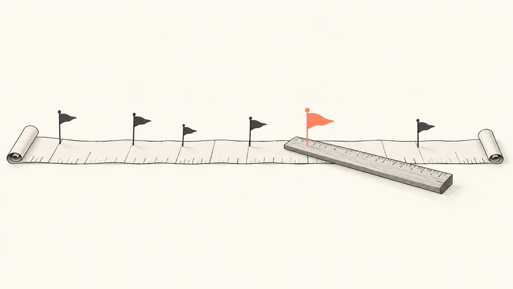 A hand-drawn timeline with small dated flags along it, one flag in coral, and a ruler laid across the line where it changes direction