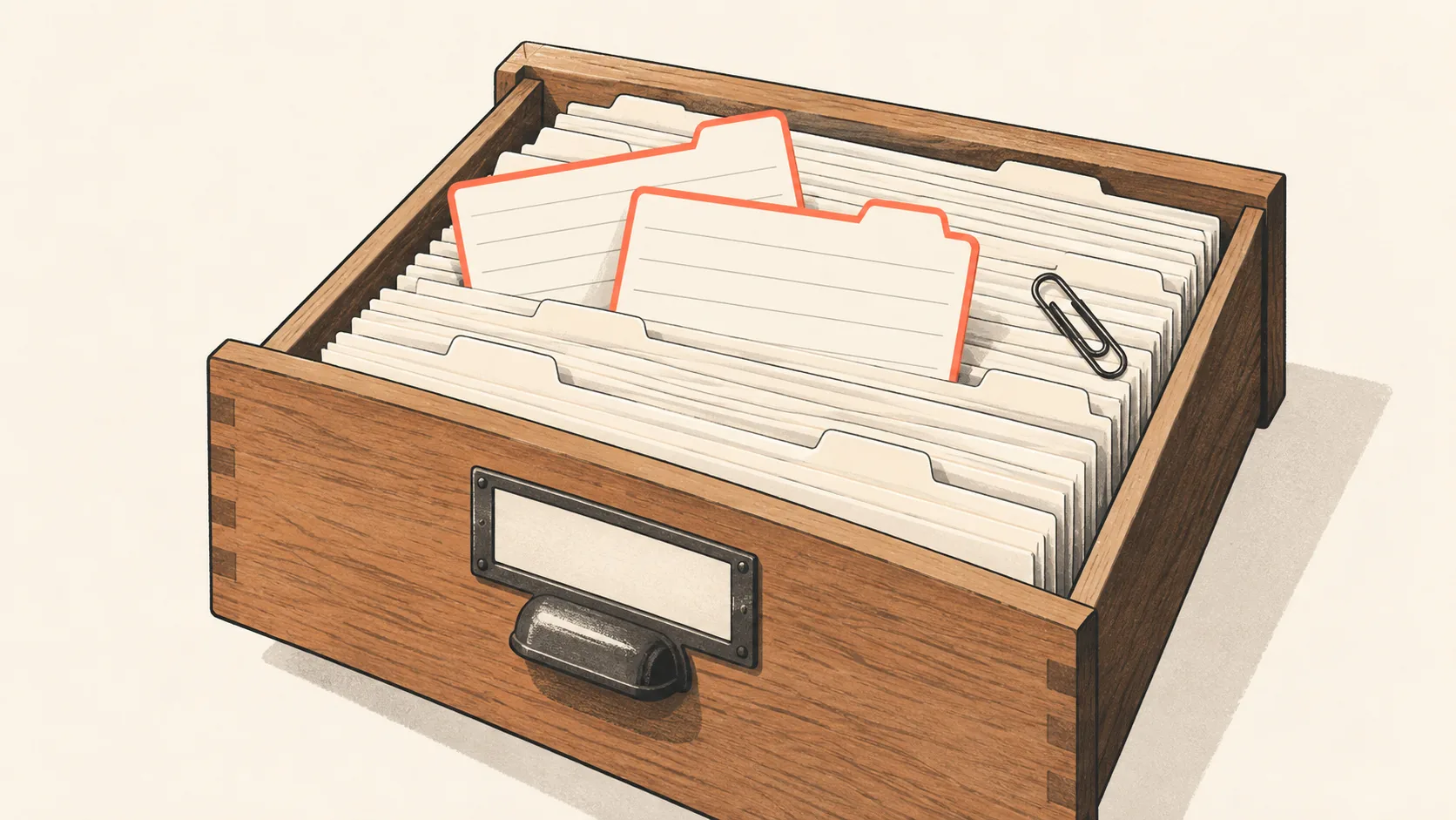 A drawer of paper index cards, with two near-identical cards pulled slightly forward and outlined in coral while the rest stay in place.