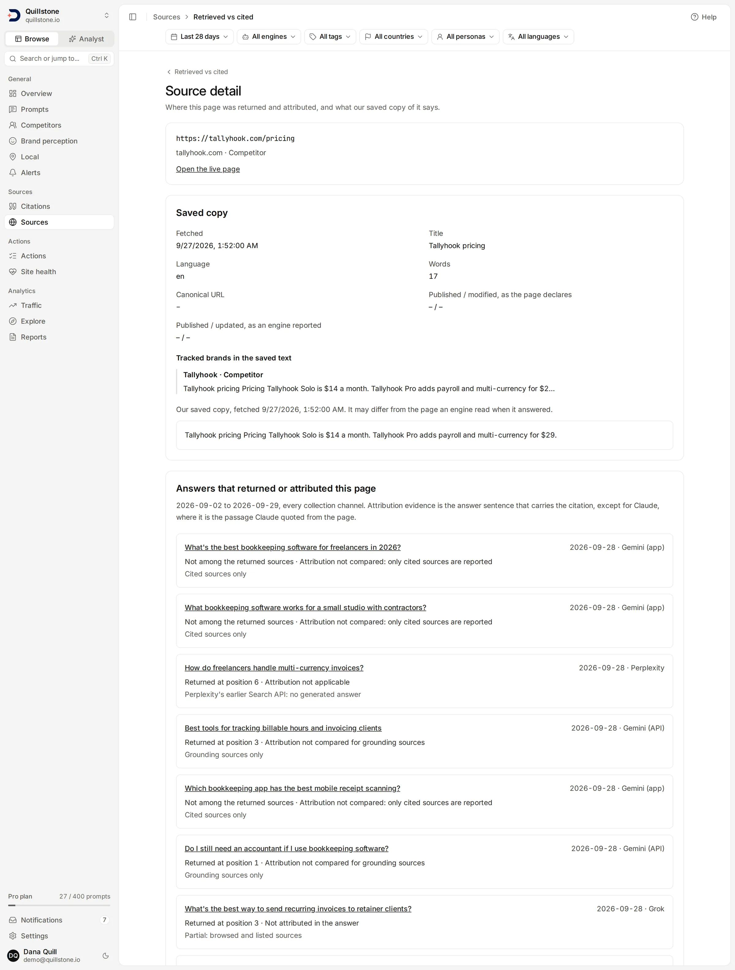 Source detail showing the saved Tallyhook pricing copy, its tracked-brand match and answers that returned or cited the page.