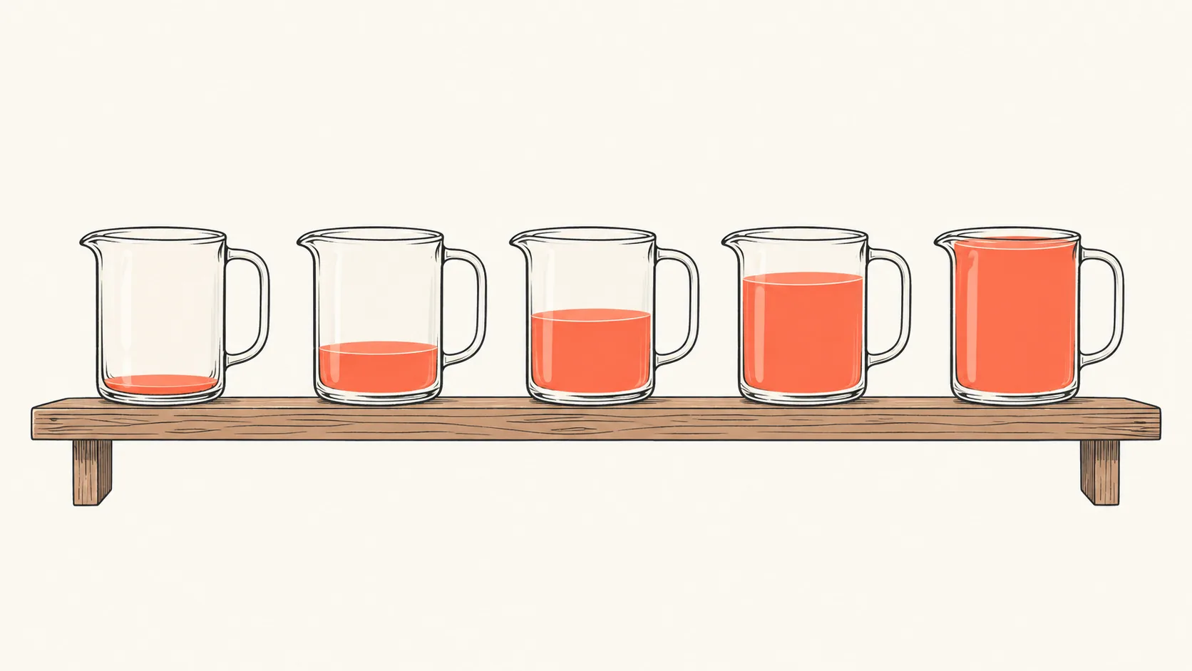 A row of small glass jars filling one by one with coral liquid, the first jar nearly empty and the last one full, suggesting a sample building up over time.