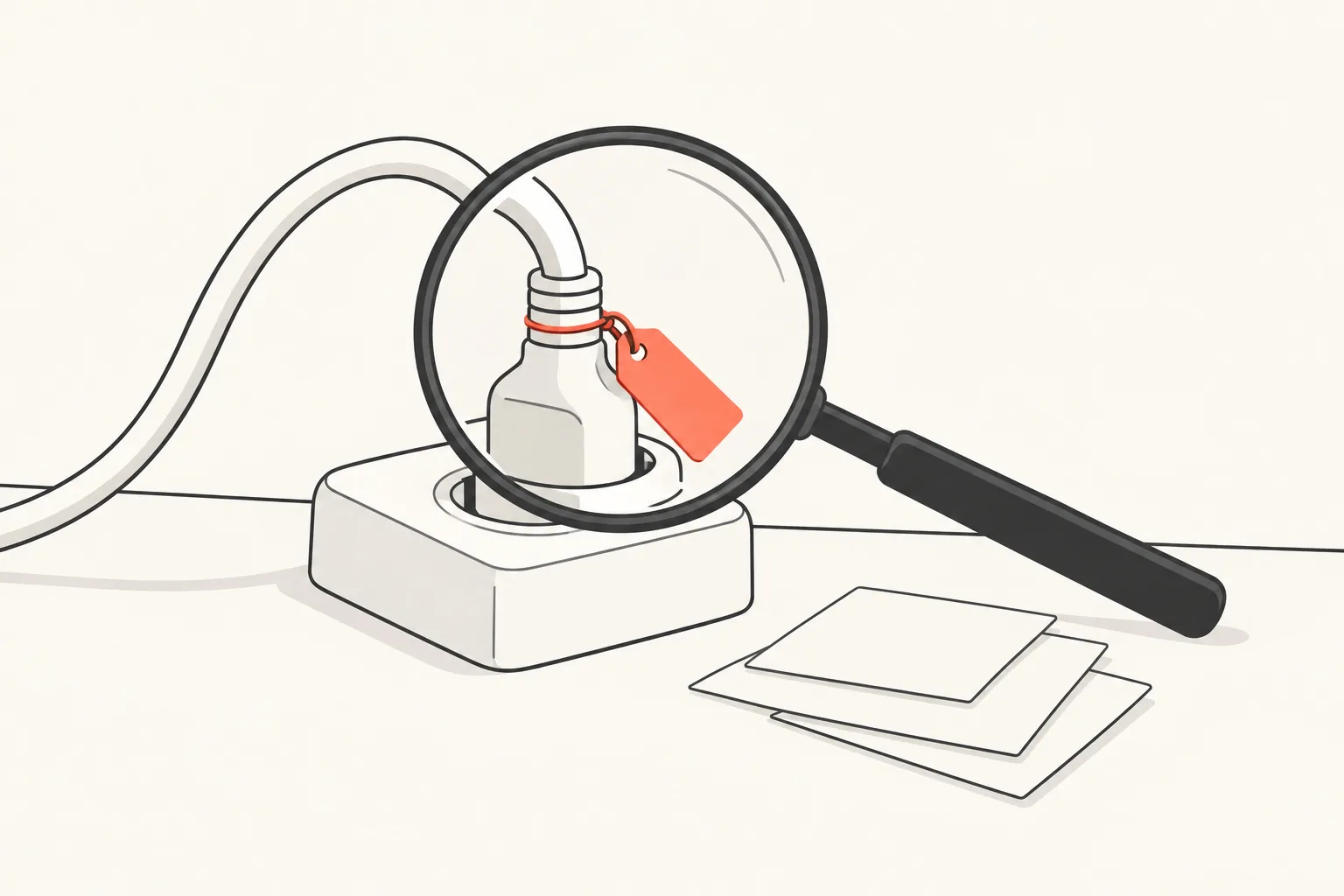 A magnifying loupe held over a single charcoal plug and socket pair, with one coral tag attached to the join.
