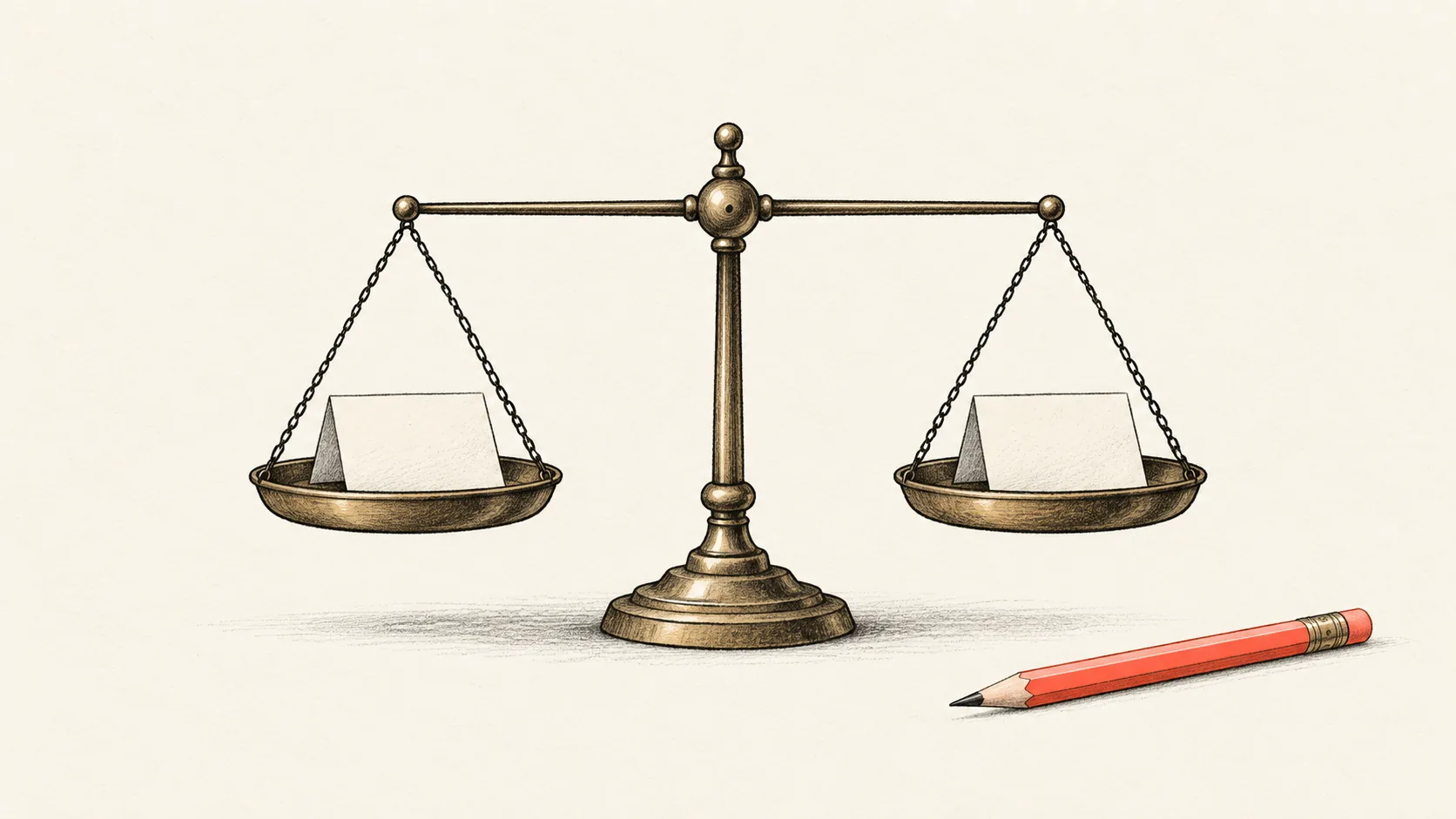 A balance scale sitting level, one pan holding a small page icon and the other empty, with a coral pencil resting beside it.