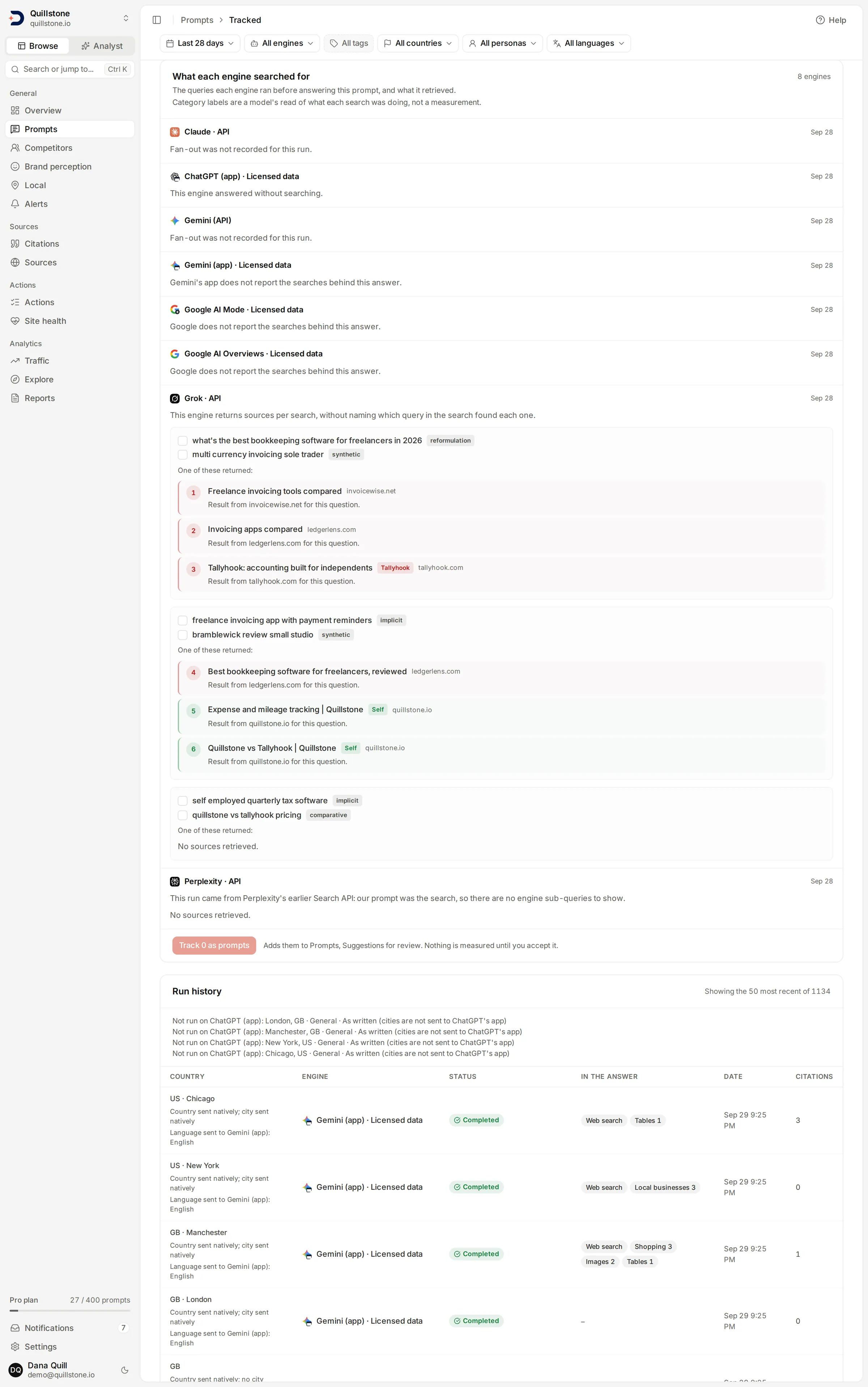 The What each engine searched for panel with notes about unreported searches and a Grok row listing captured queries and returned pages.