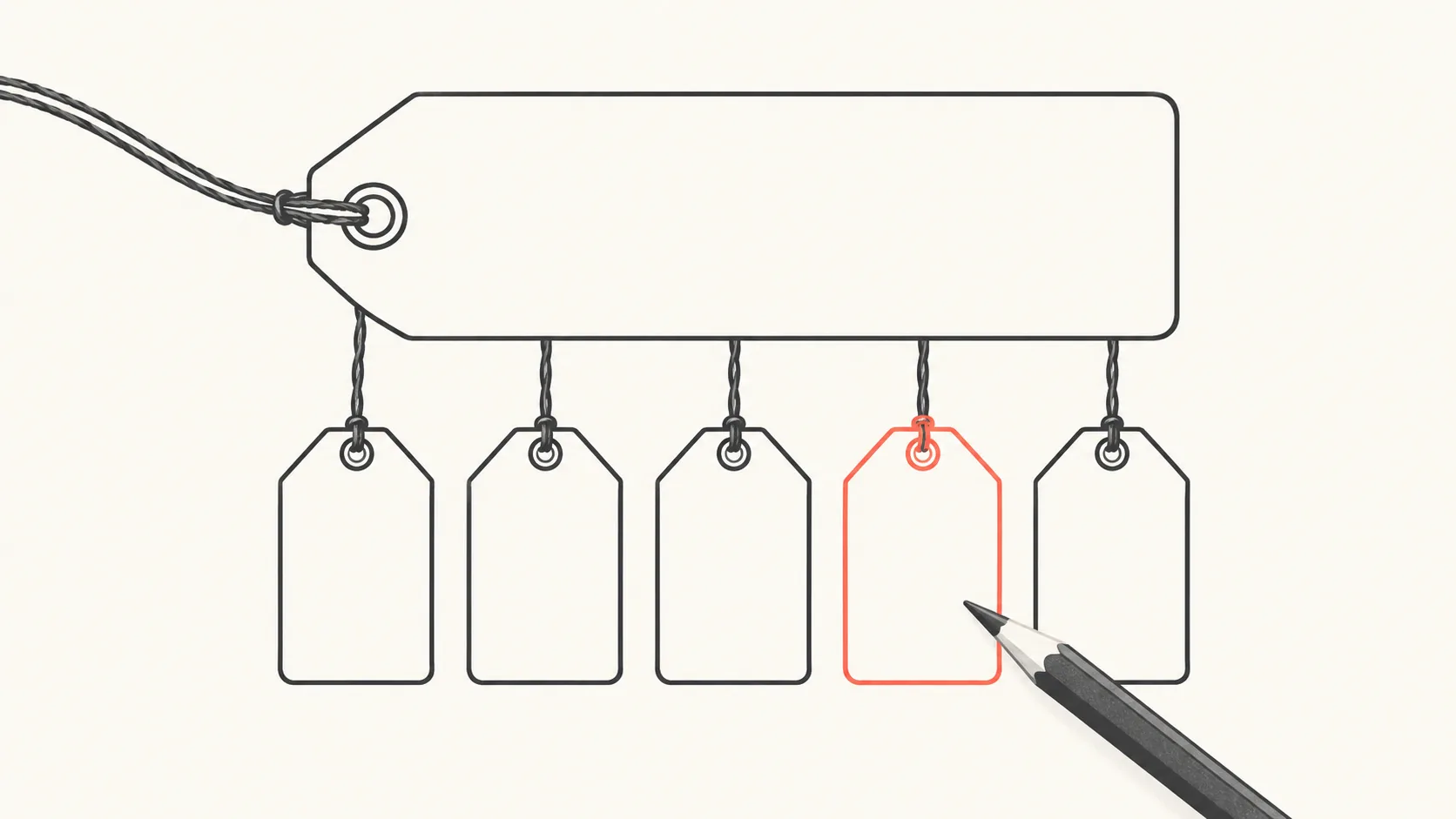 A large blank price tag on a string with five smaller blank tags hanging from it, one outlined in coral with a charcoal pencil resting against it.