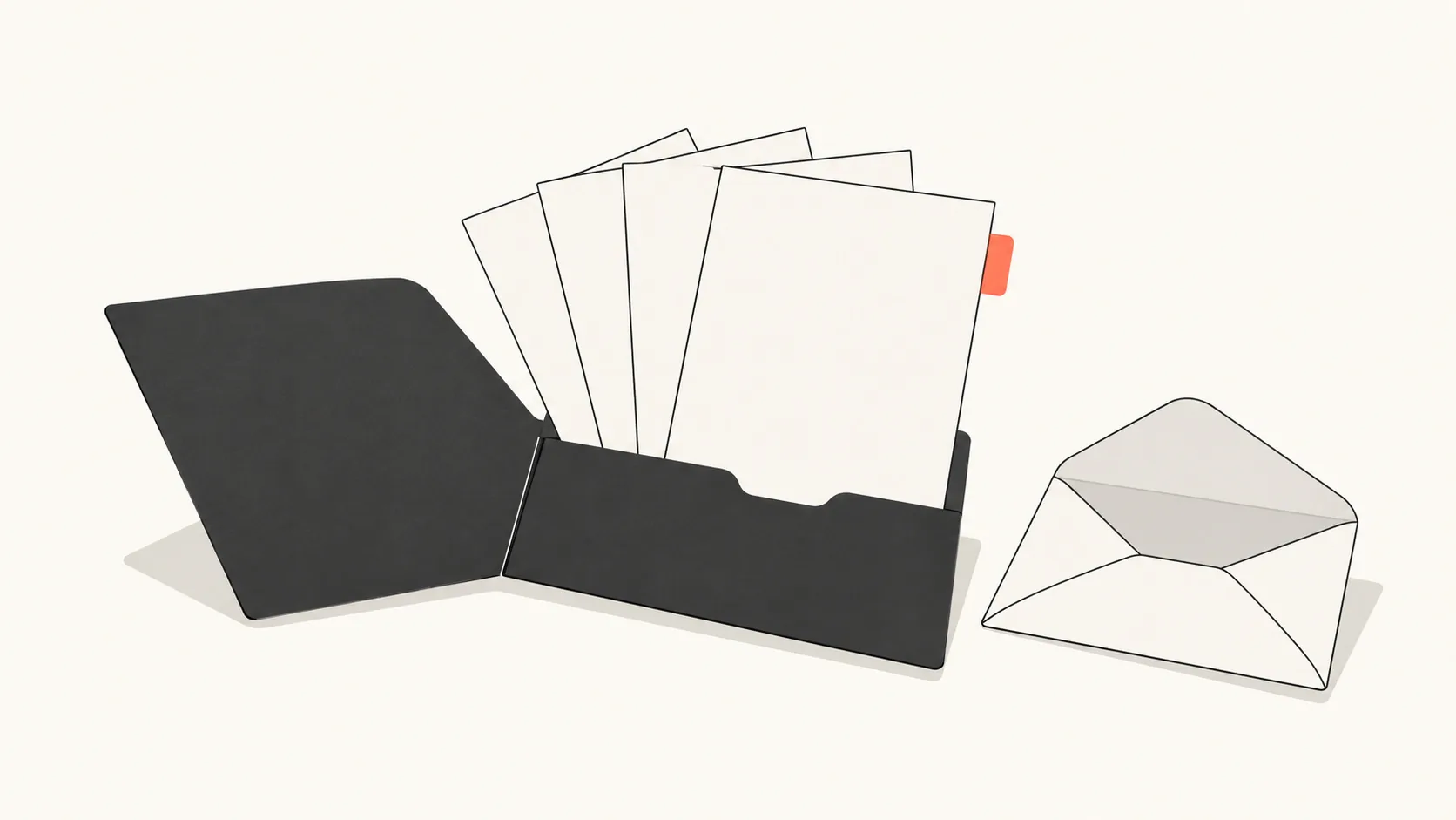 A charcoal folder with four loose papers fanned out, one sheet marked with a coral tab, beside an open envelope.