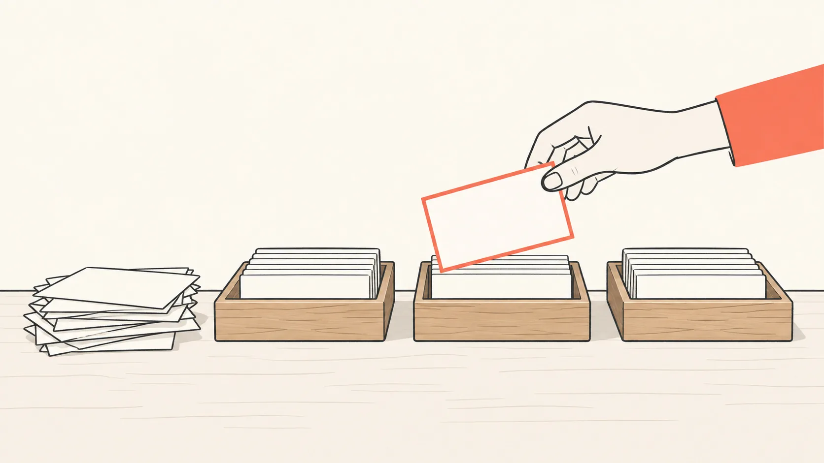 A stack of index cards being sorted into three trays, one card lifted and marked in coral as it is filed.