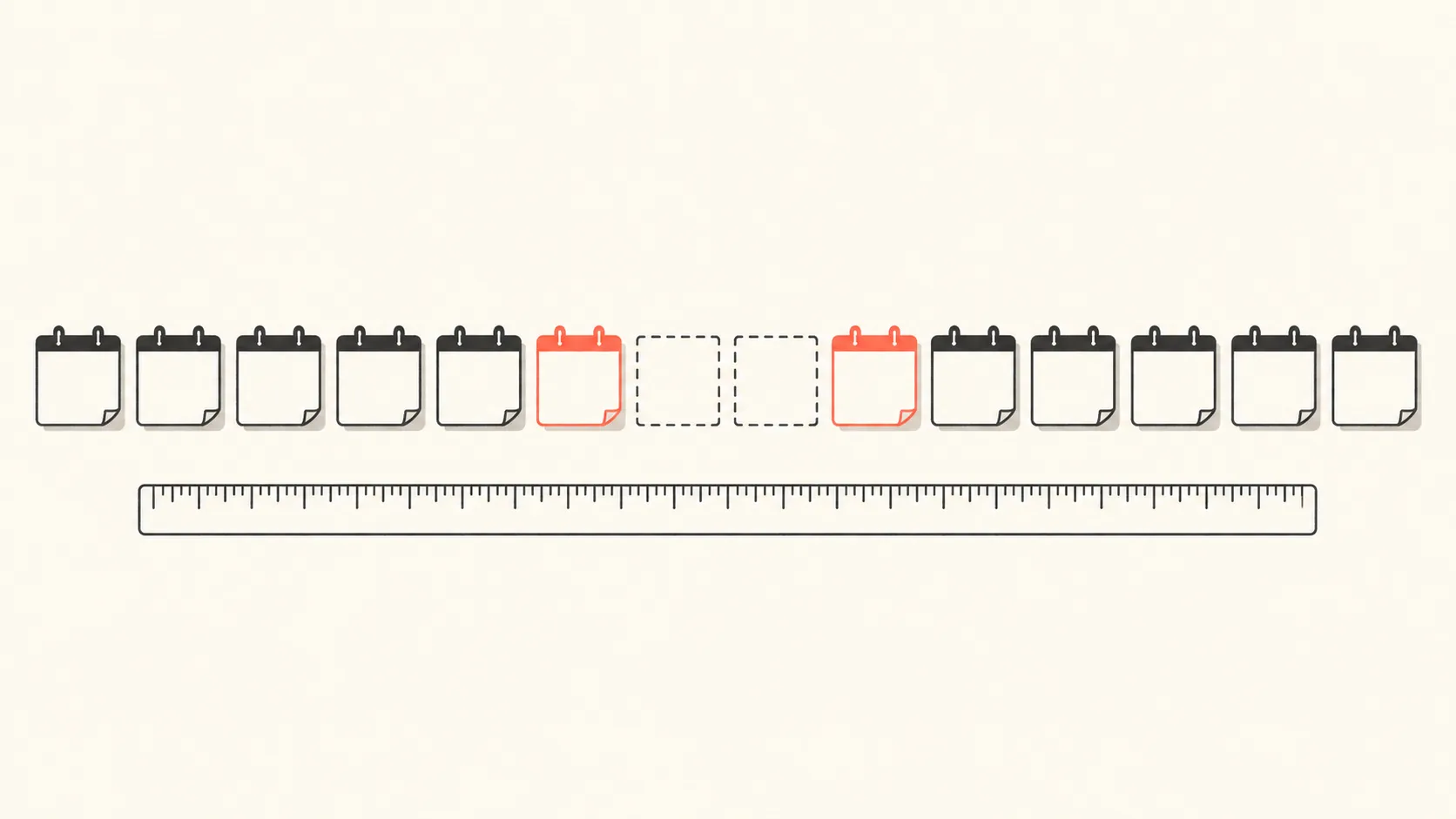 A calendar strip of small squares with two squares removed and the neighbouring ones outlined in coral, as if someone were checking the gap before drawing a line across it.