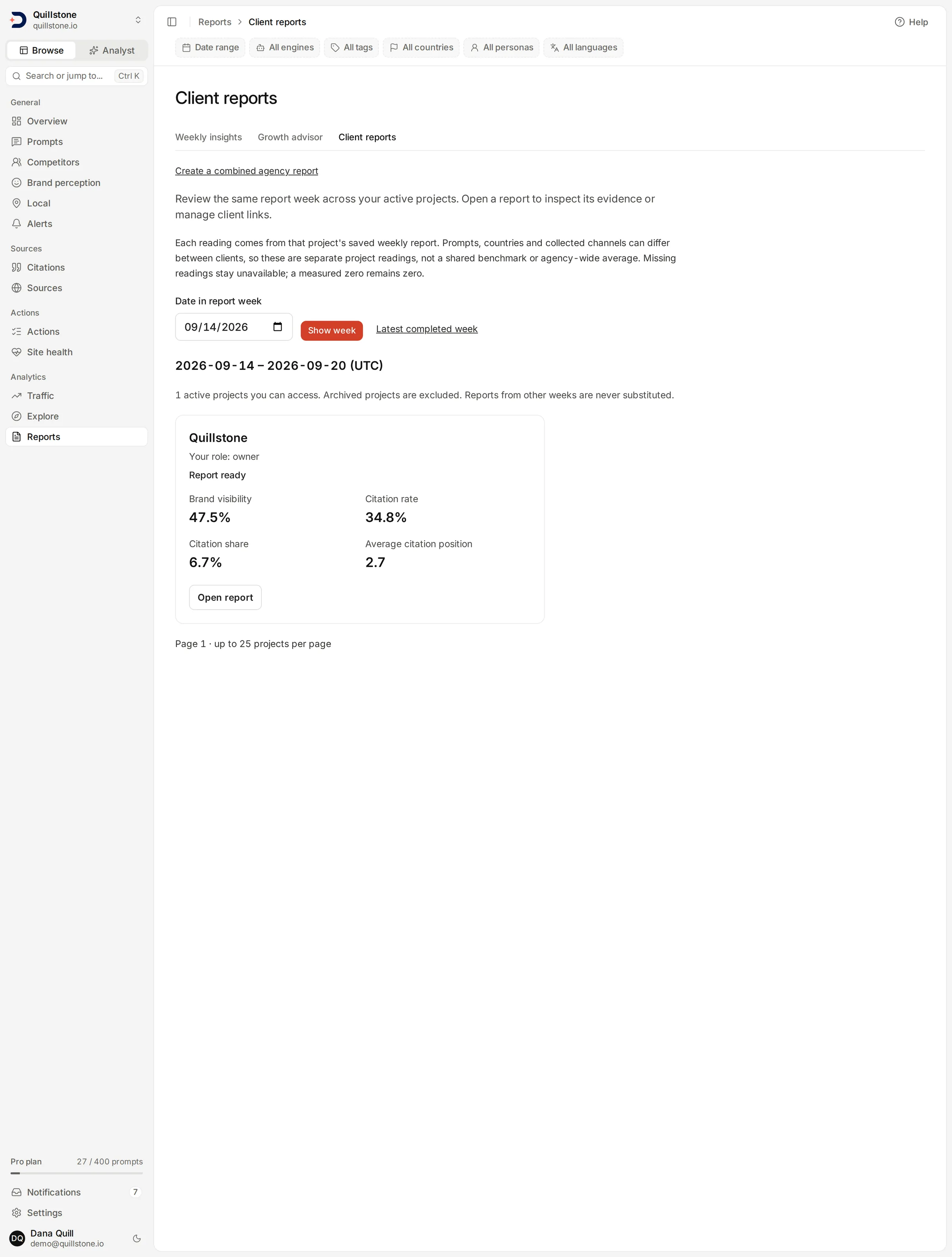 The Client reports tab showing the selected week and the Quillstone project card with its owner role and Report ready state.