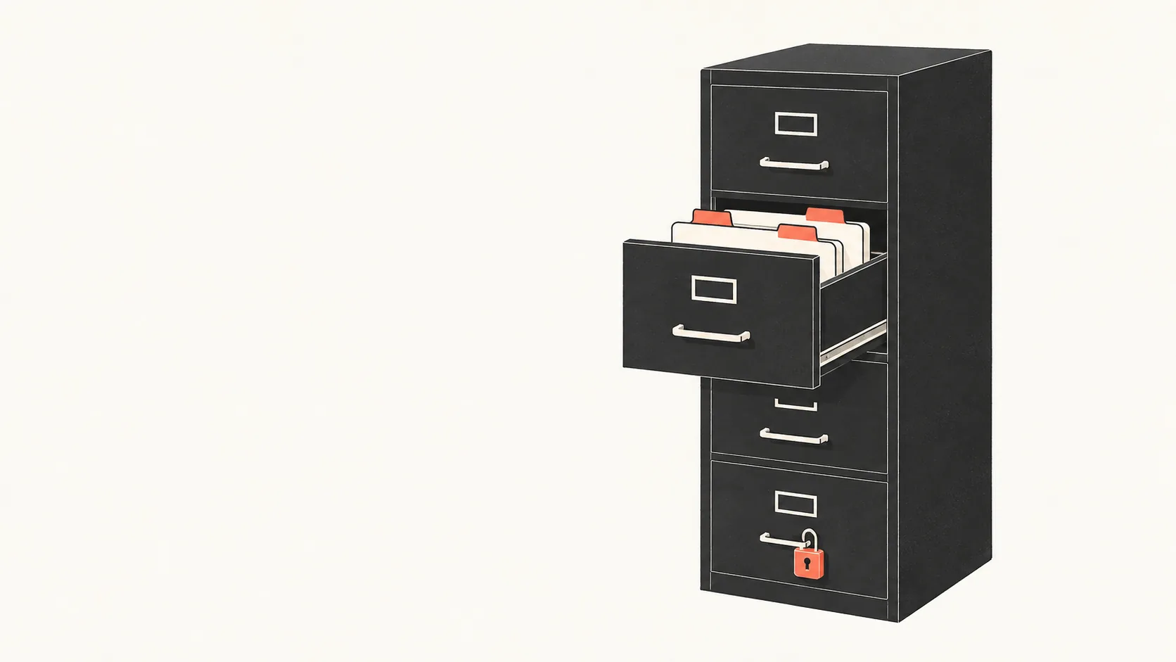 A filing cabinet with one drawer open and a few folders lifted out and tagged in coral, while the remaining drawers stay closed.