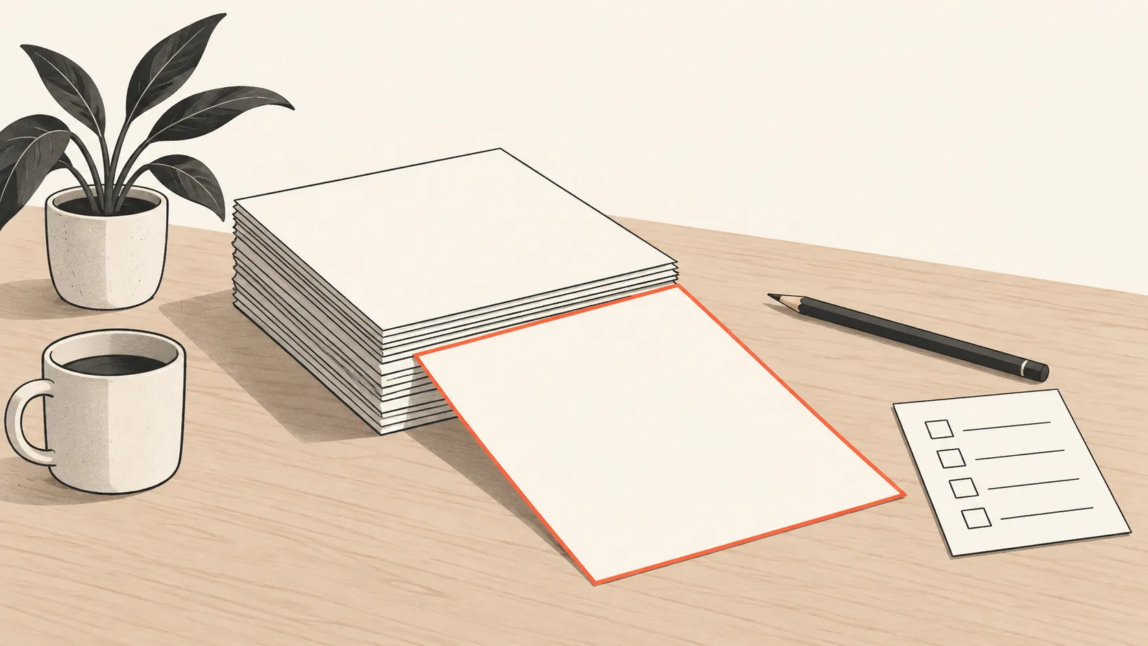 A hand-drawn stack of web pages on a desk, one page pulled forward and outlined in coral while a pencil checklist sits beside it.