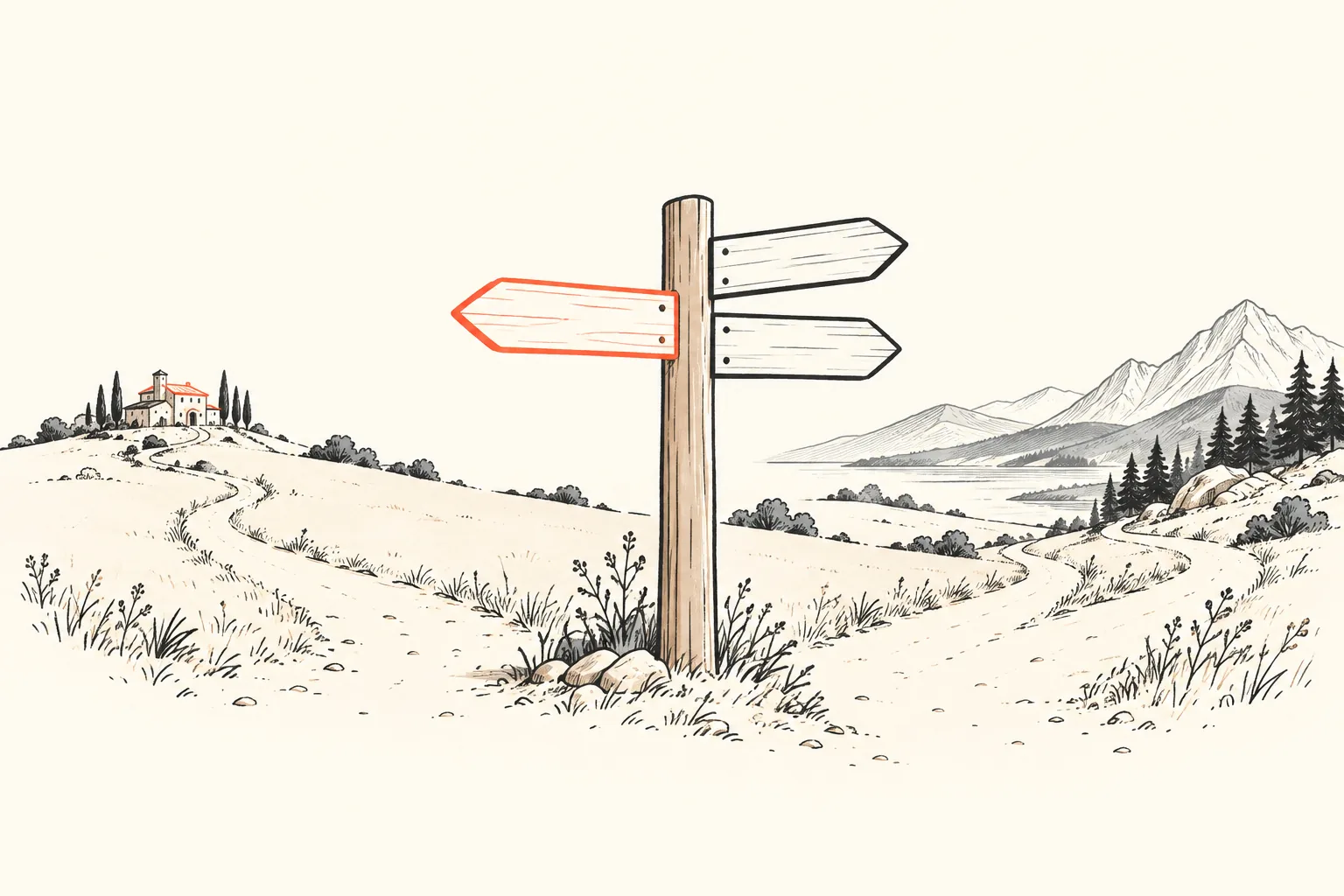 A signpost with three arms, one arm picked out in coral pointing toward a different destination from the other two.