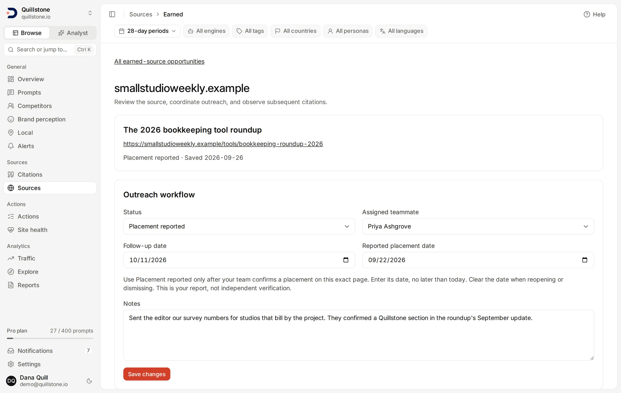 An Earned sources opportunity record showing its status, assigned teammate, follow-up date and notes.