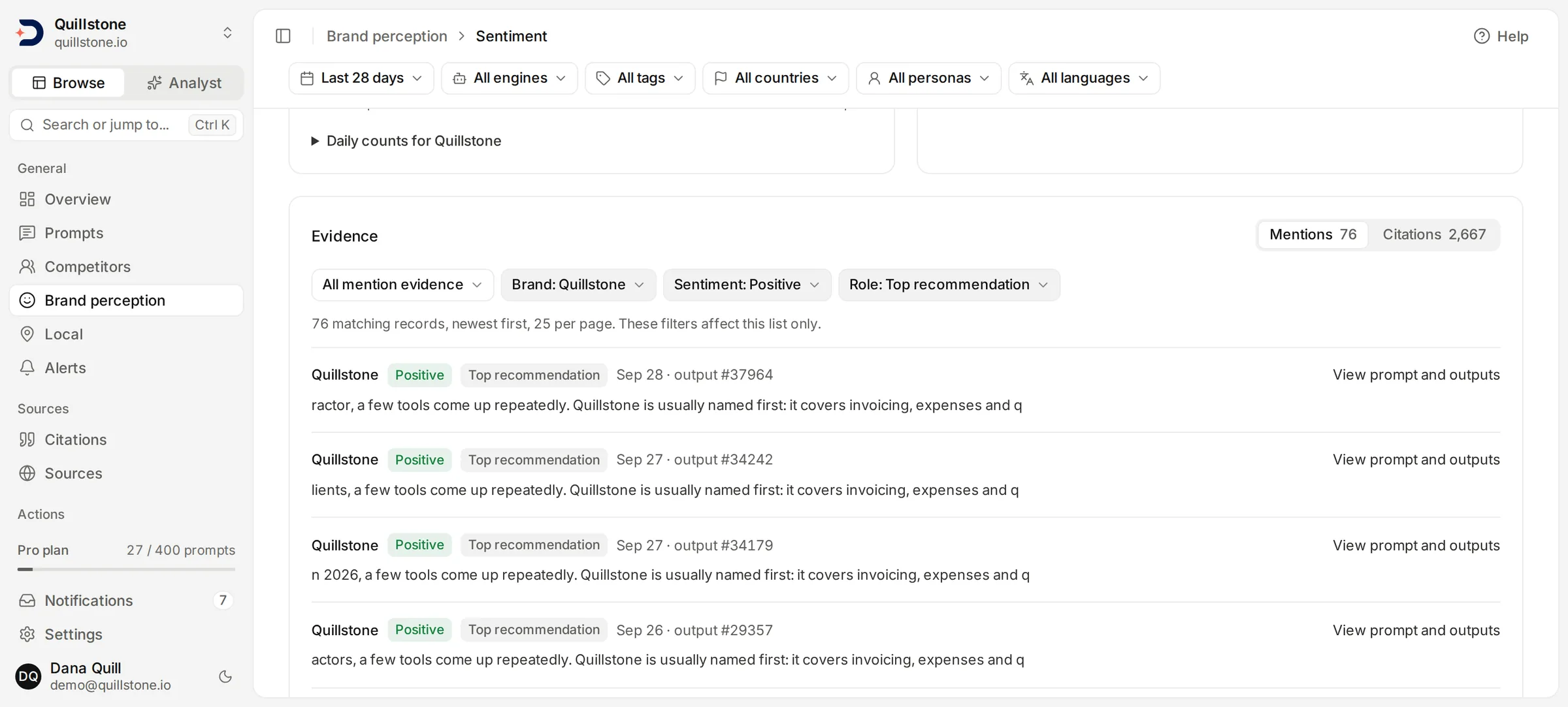 The Sentiment screen’s Mentions evidence filtered to Quillstone, Positive and Top recommendation, showing dated excerpts and View prompt and outputs links.