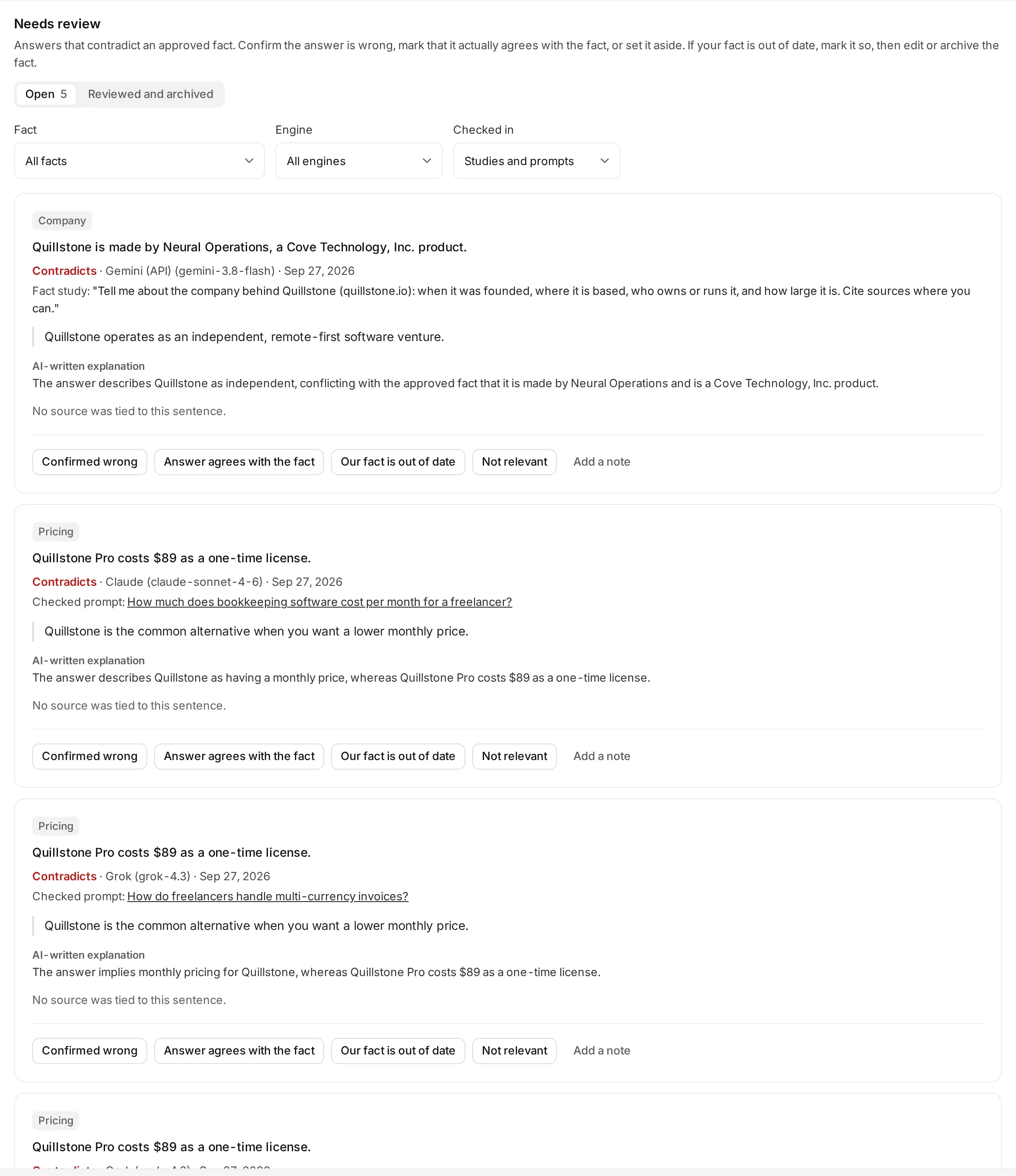 The seeded Quillstone Fact check Needs review queue, showing open findings, engines, excerpts, explanations, missing-source notices and all four review choices.