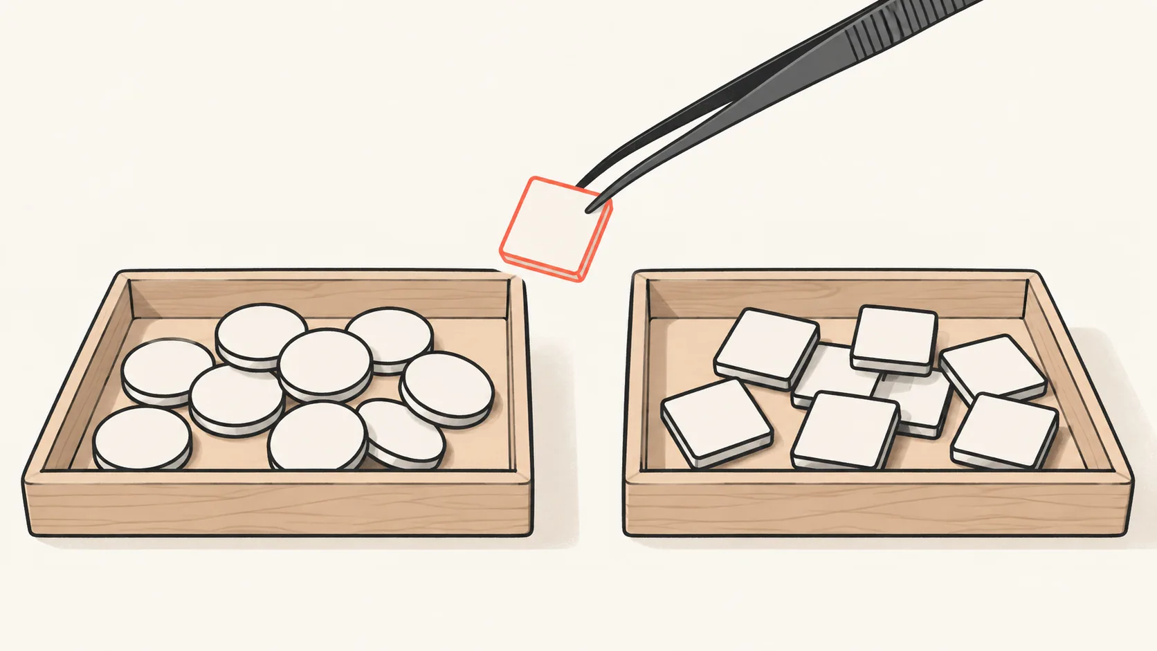 Two sorting trays on a desk, one holding round tokens and one holding square tokens, with a single square token being lifted toward the round tray.