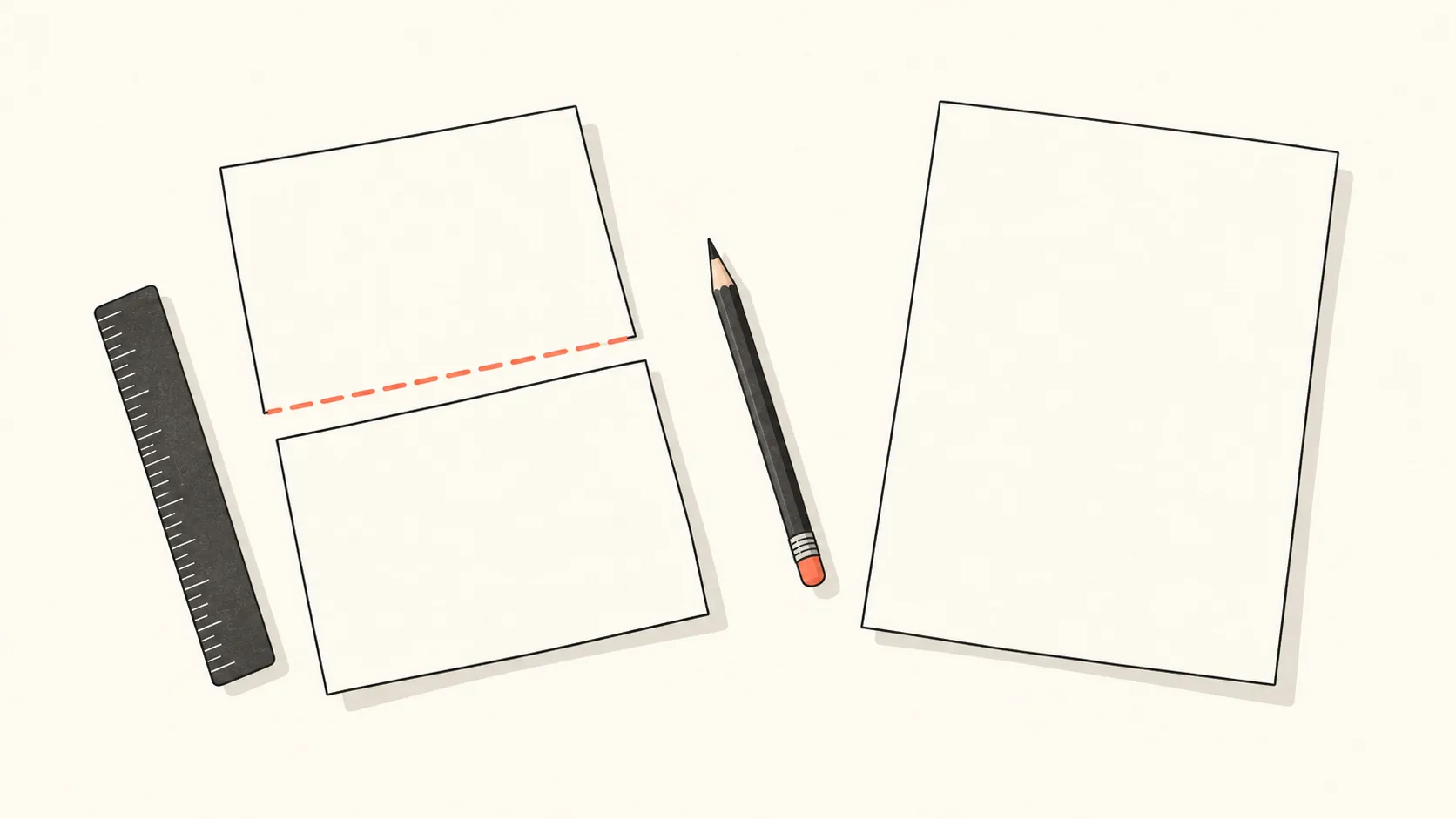 A single sheet of paper being divided into two by a coral line, next to a second sheet that is left whole, suggesting a choice between splitting and keeping one page.