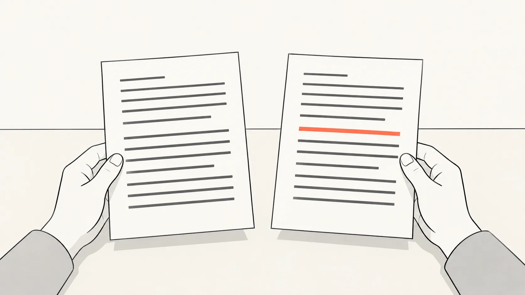 Two hands holding two slightly different copies of the same printed page, set side by side on a desk, with a single coral highlight on the differing line.