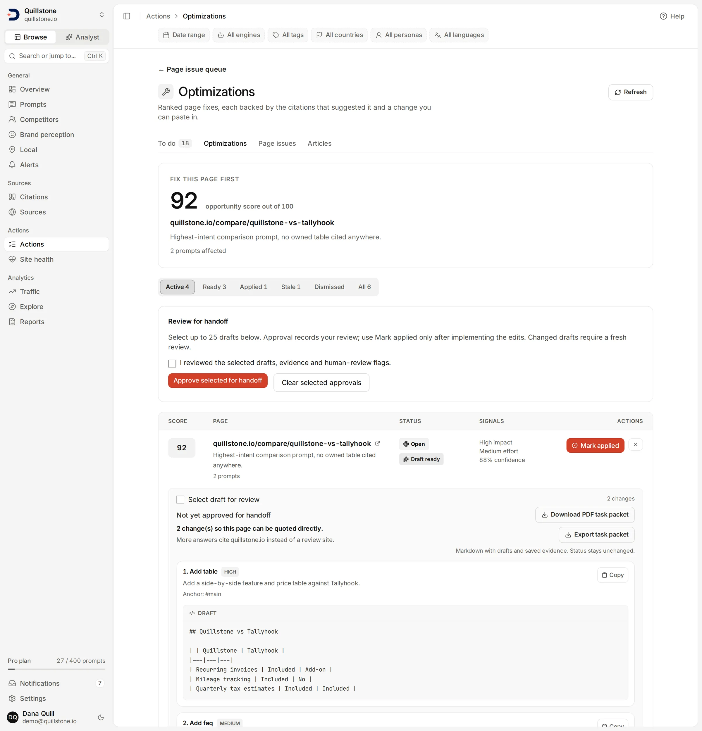 The Optimizations screen showing the top-scored page fix and its row marked Draft ready.