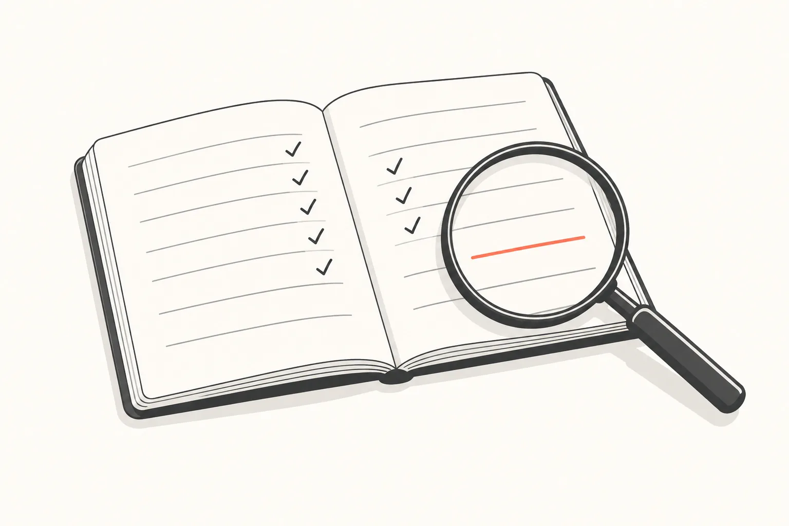 An open logbook with a few dated marks and a magnifying glass resting on one blank line.
