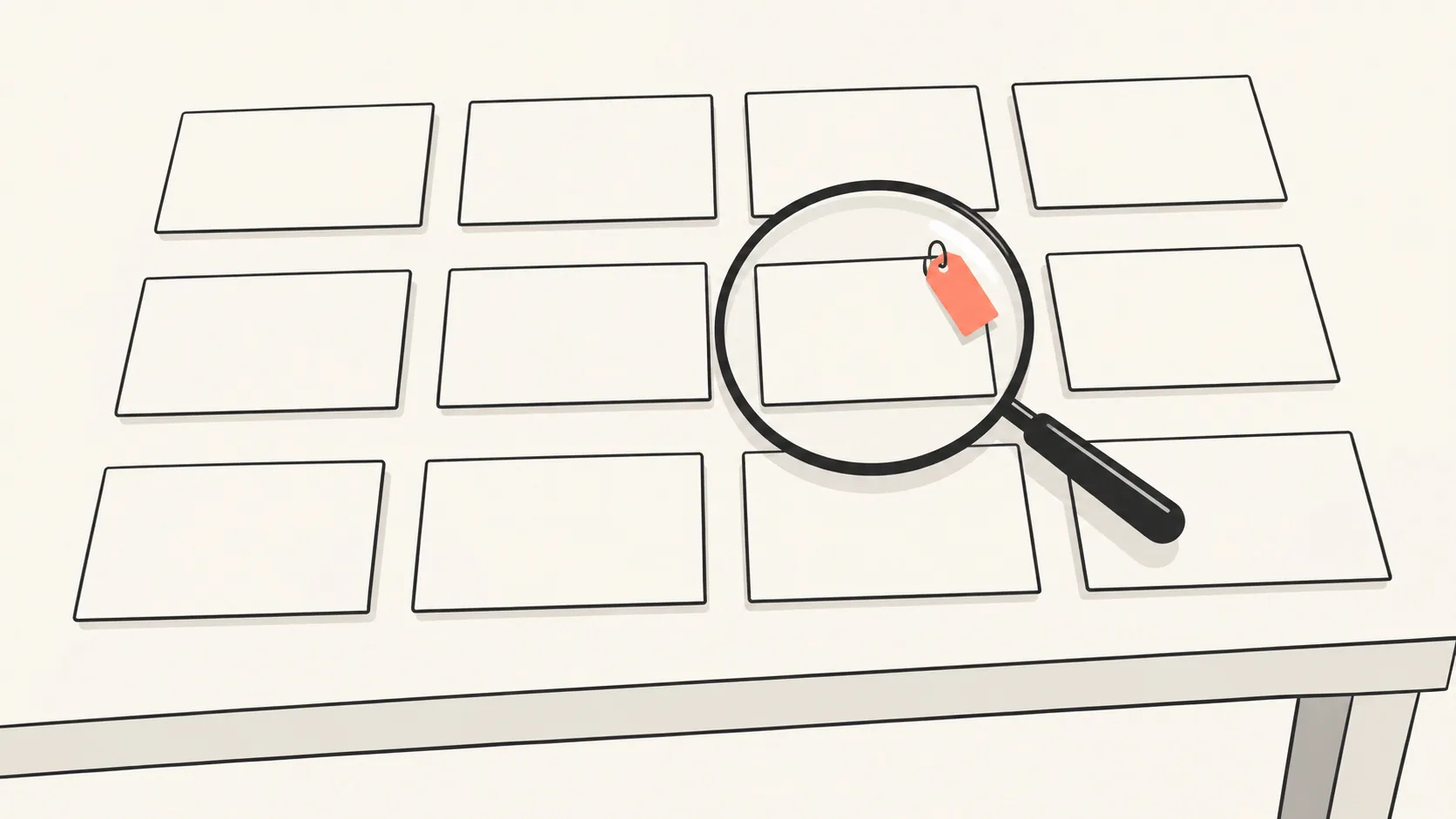 A grid of small cards on a desk with a loupe held over one card and a coral tag attached to it, as if a single cell is being checked.