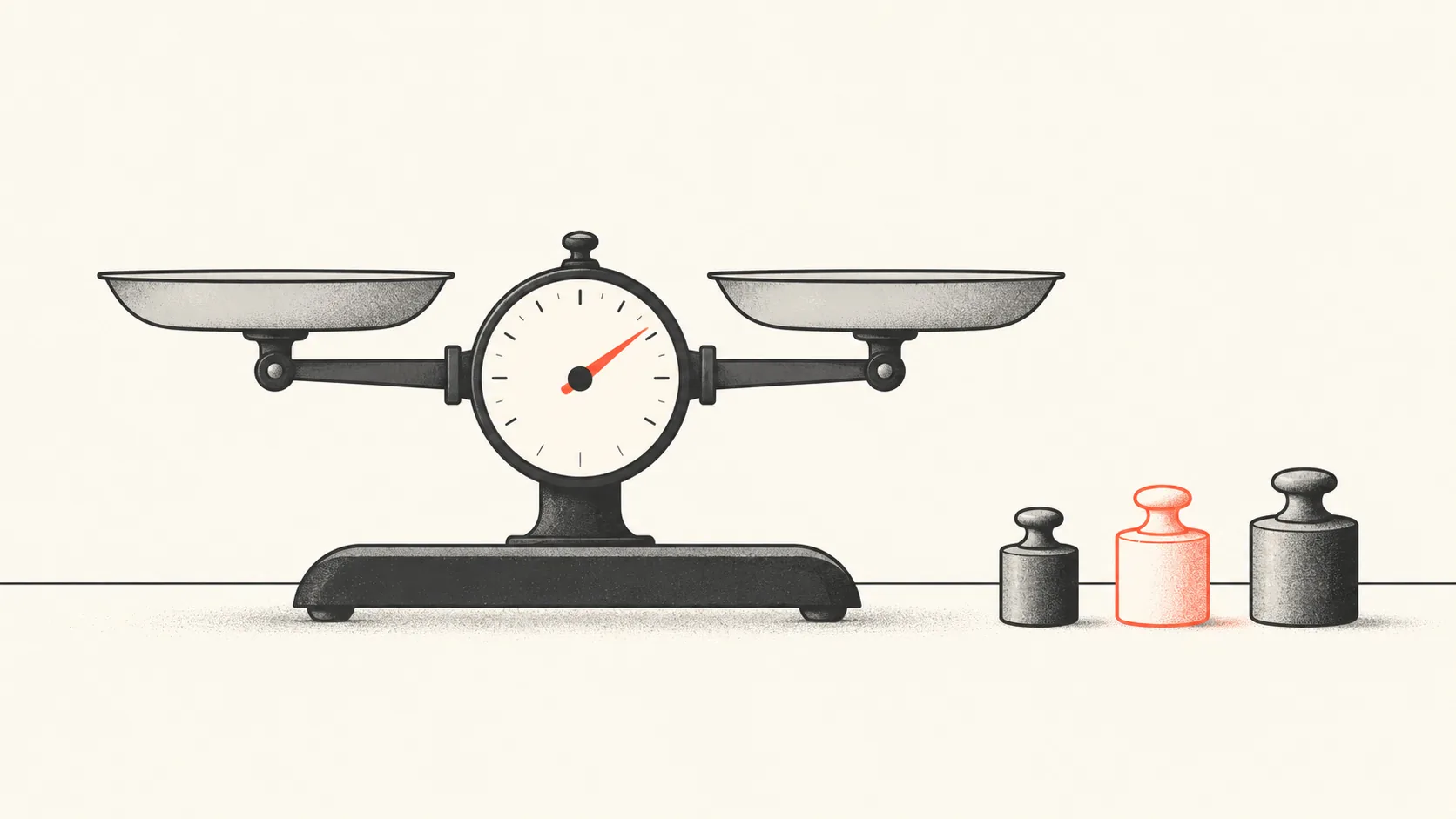 A balance scale with its needle off centre and three small unmarked weights beside it, one of them outlined in coral.