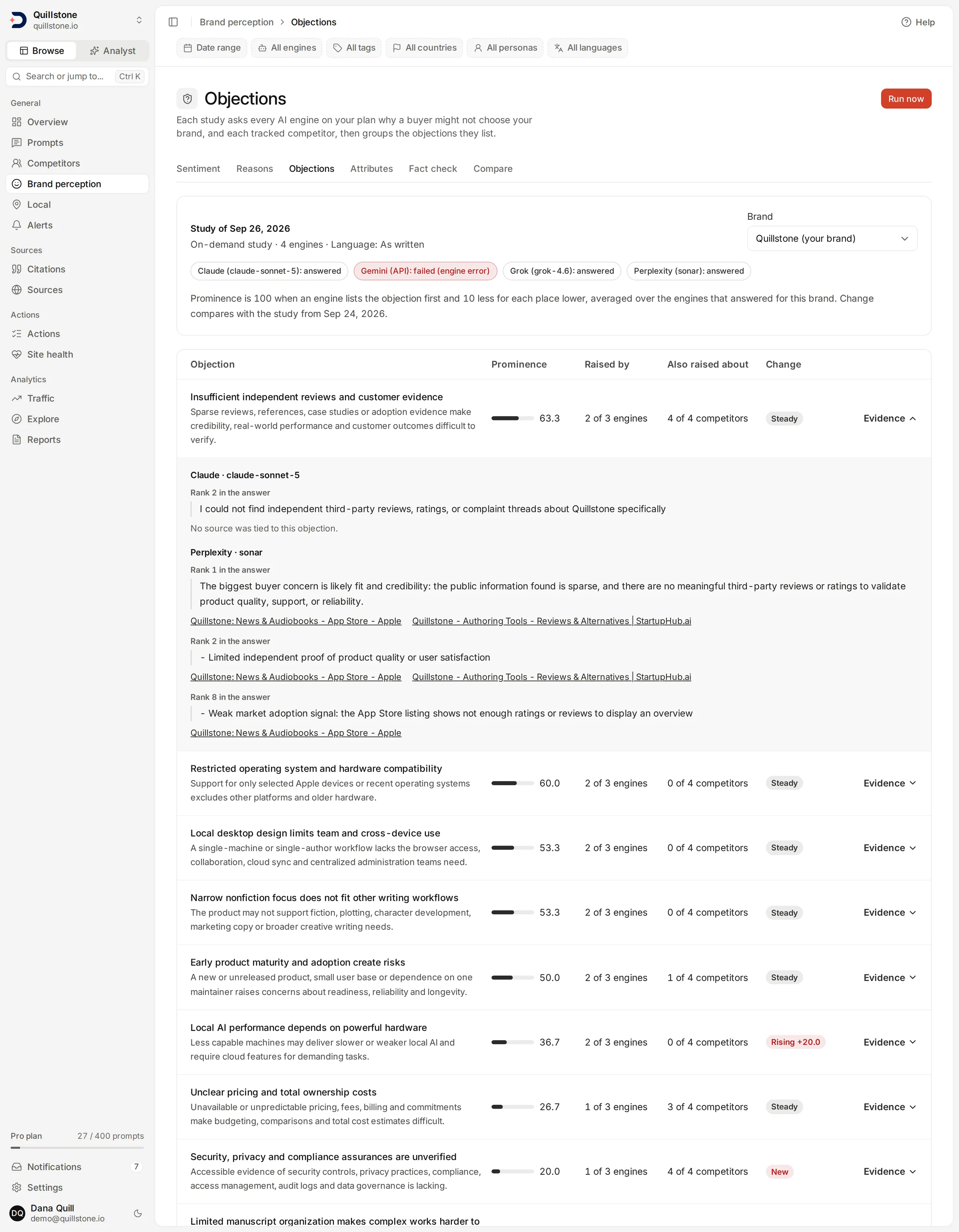 The Objections screen for a demo project, showing objections ranked by prominence with raised-by counts and change badges, and one objection row opened to its quotes.