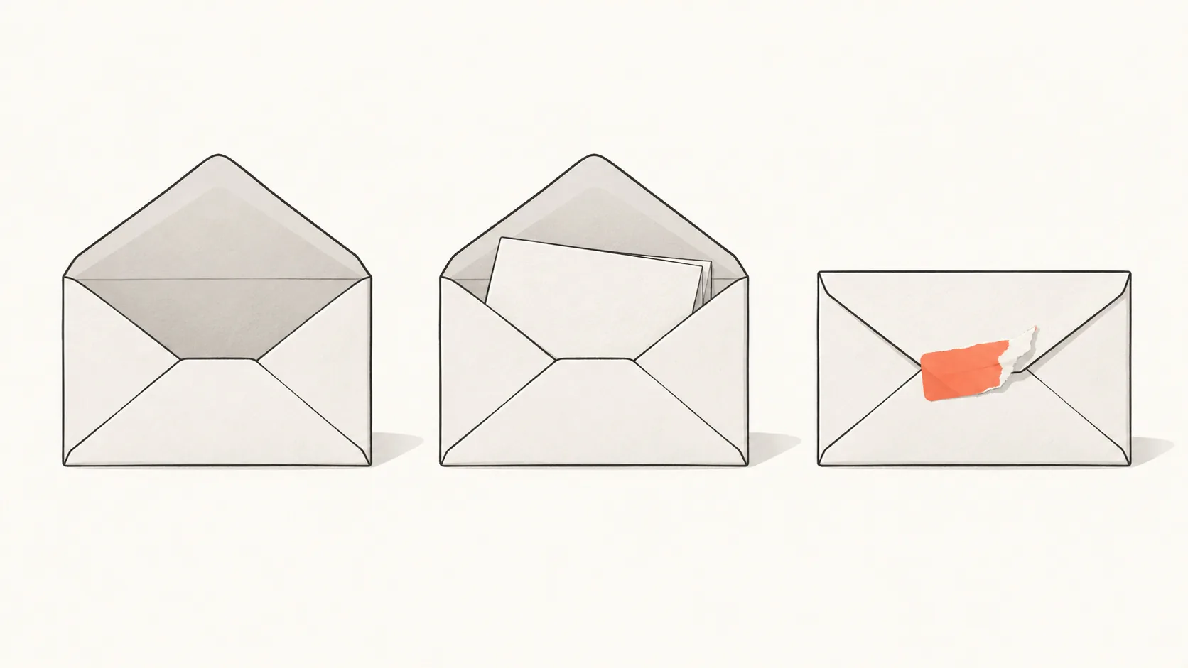 A row of sealed envelopes, one open and empty, one open with a note, one with a torn label, suggesting different reasons a record can be blank.