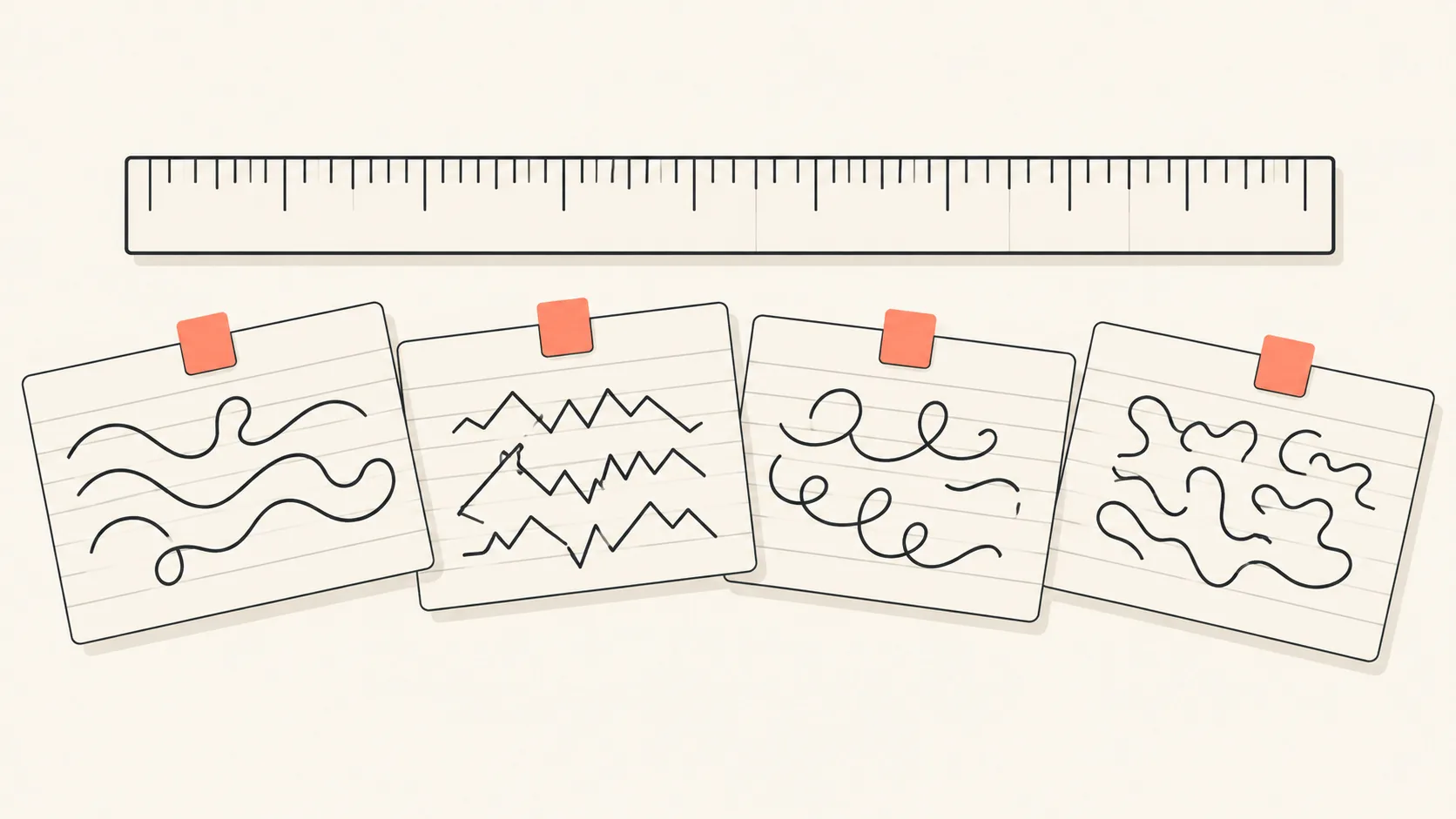 A row of matching paper cards with different abstract scripts laid out side by side, each with a small coral tab, showing one question asked in several languages.