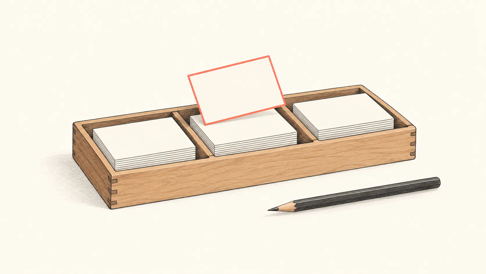 A charcoal-outlined tray of index cards sorted into three slots, with one card lifted and outlined in coral.