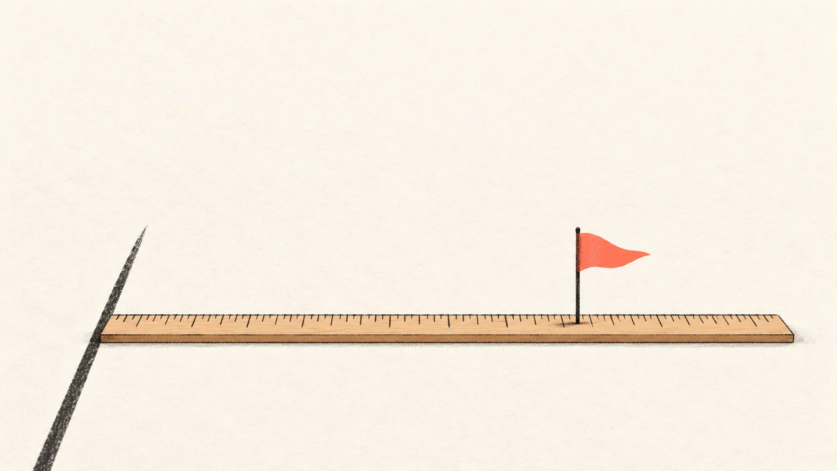 A wooden ruler and a small surveyor's flag standing on a plain field, the flag marked in coral, suggesting a target measured from a fixed starting line.