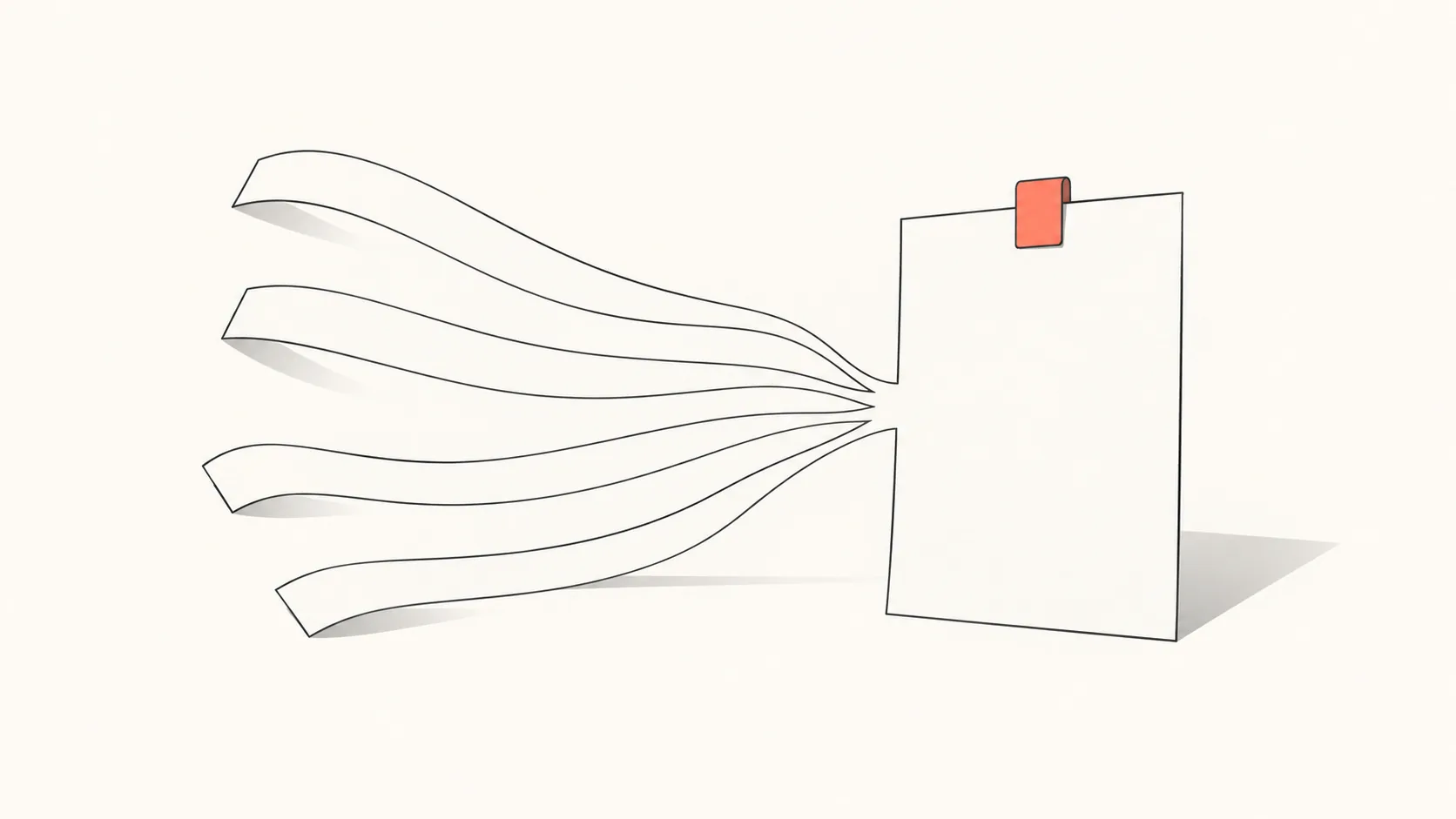 Four thin weekly sheets folded into one clean page with a single coral tab marking the decision at the top.