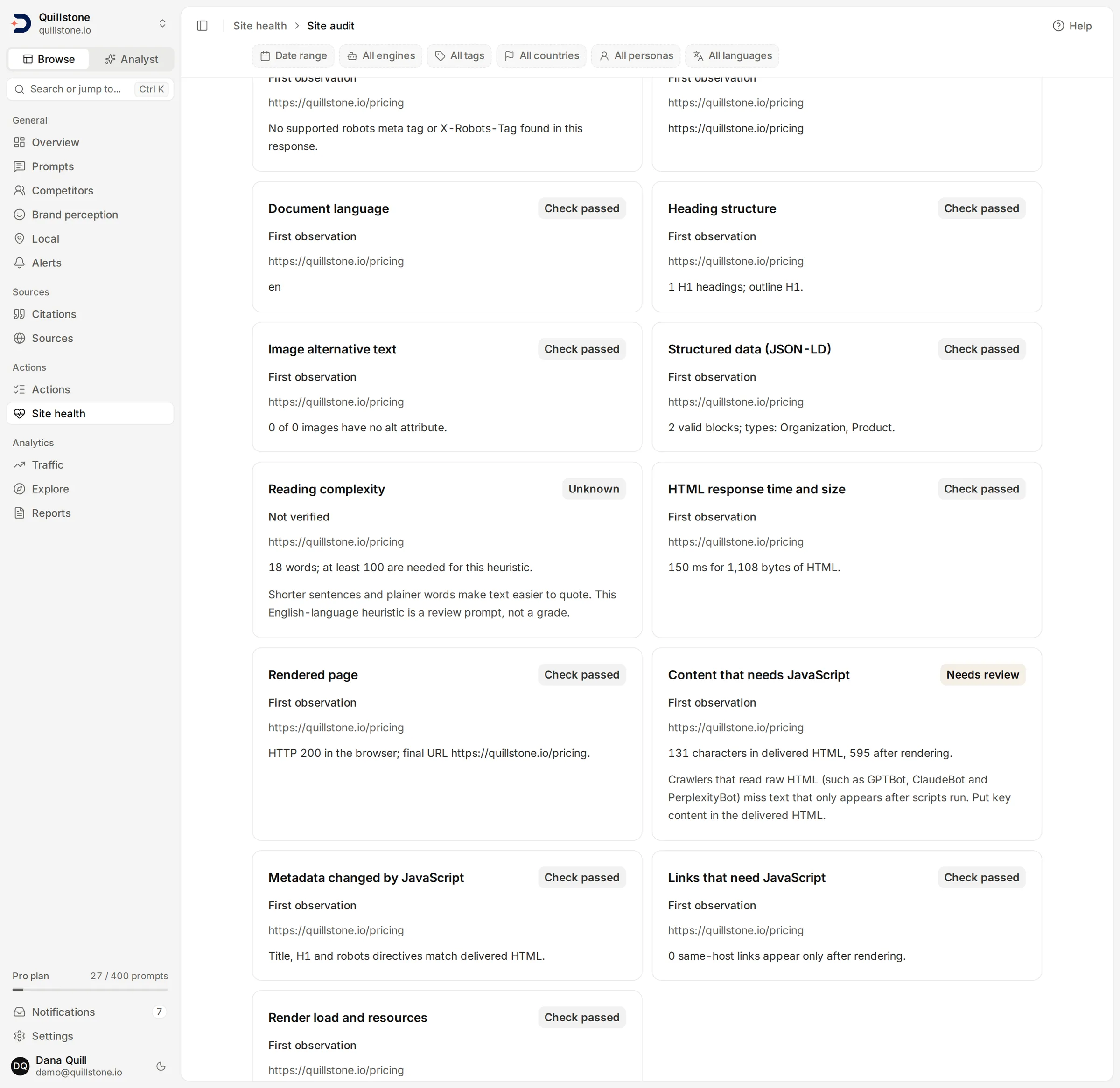 The Site audit page in DiscoveredBy showing per-page results with the JavaScript render checks for one page.