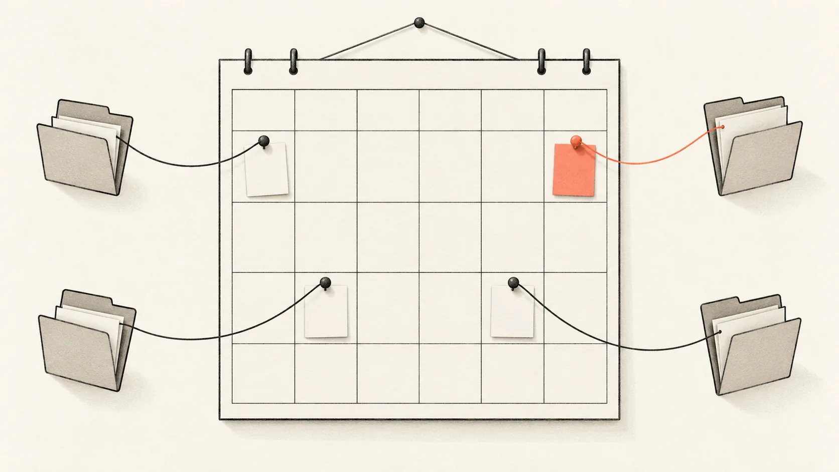 A wall calendar with a few dated cards pinned to it, each card attached by a thread to a small evidence folder