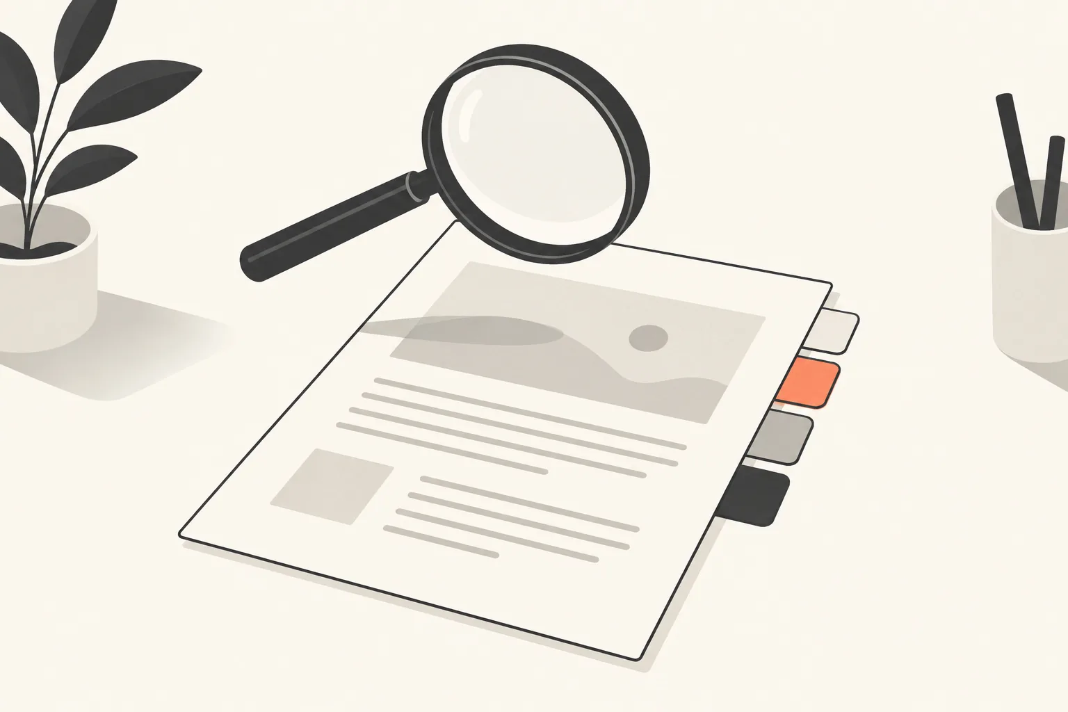 A charcoal magnifying loupe hovering over a single sheet of paper with four tabs along its right edge, one coral and three neutral.