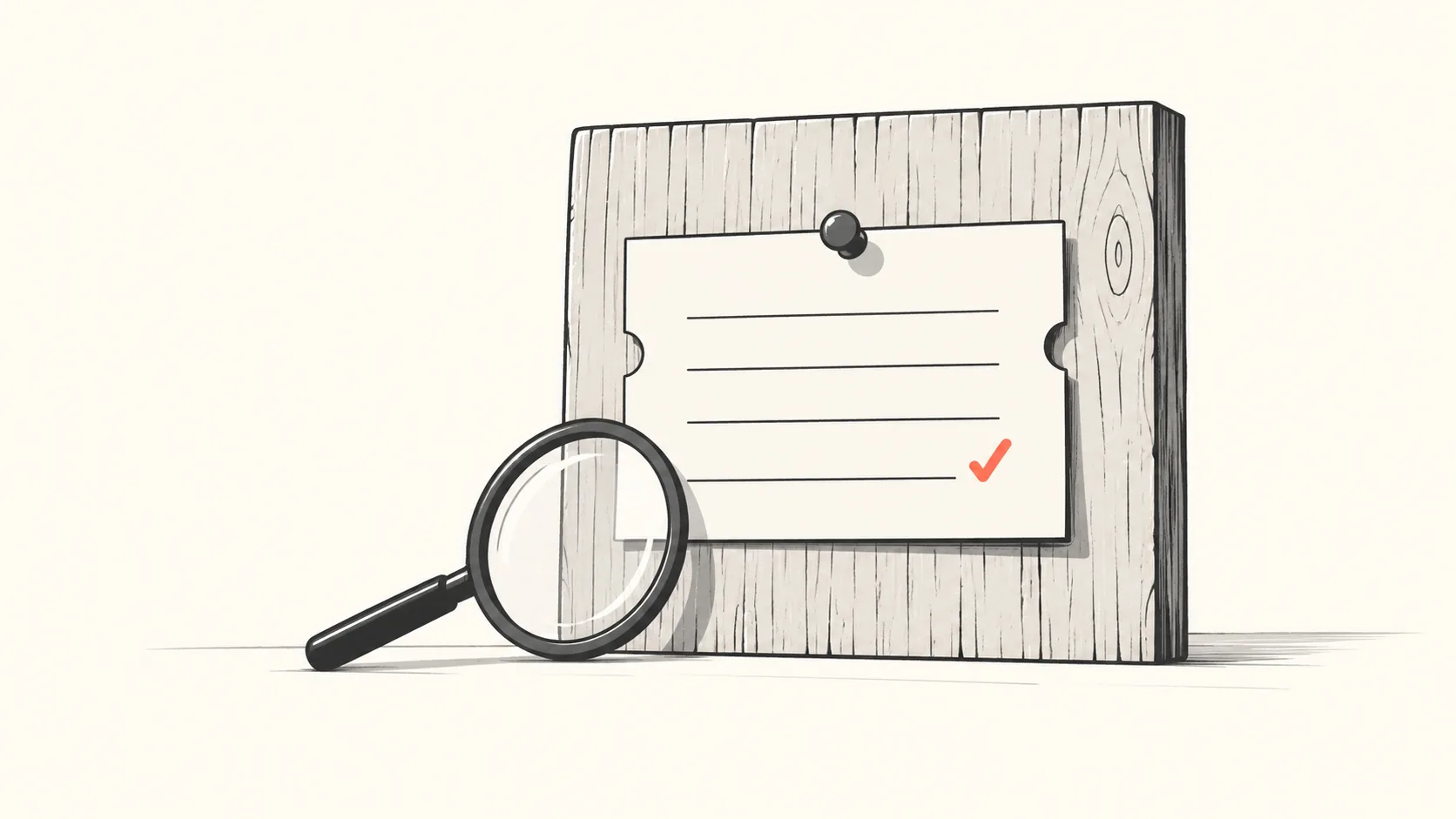 A hand-drawn ticket card with a checklist, a magnifying loupe beside it, and one line marked in coral to show the acceptance check.